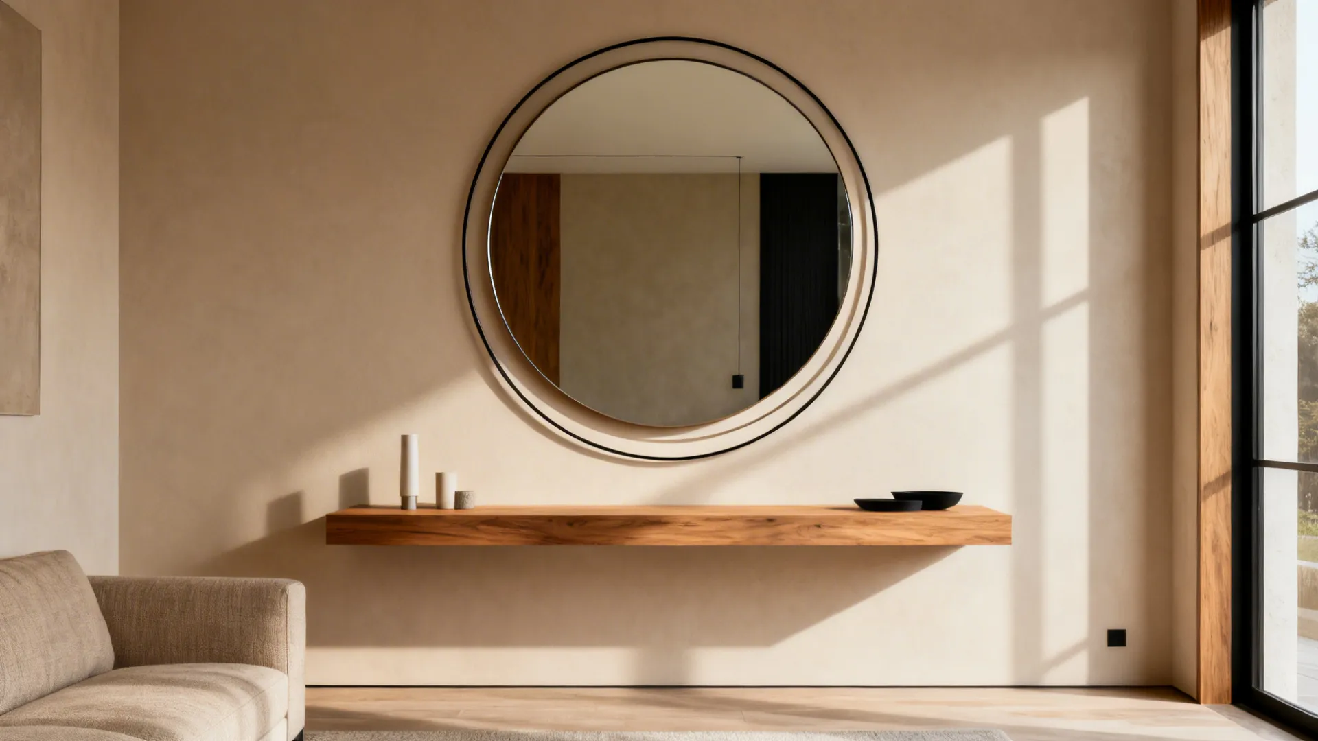 Oversized round mirror above a floating oak shelf adds soft-modern warmth to a living room.