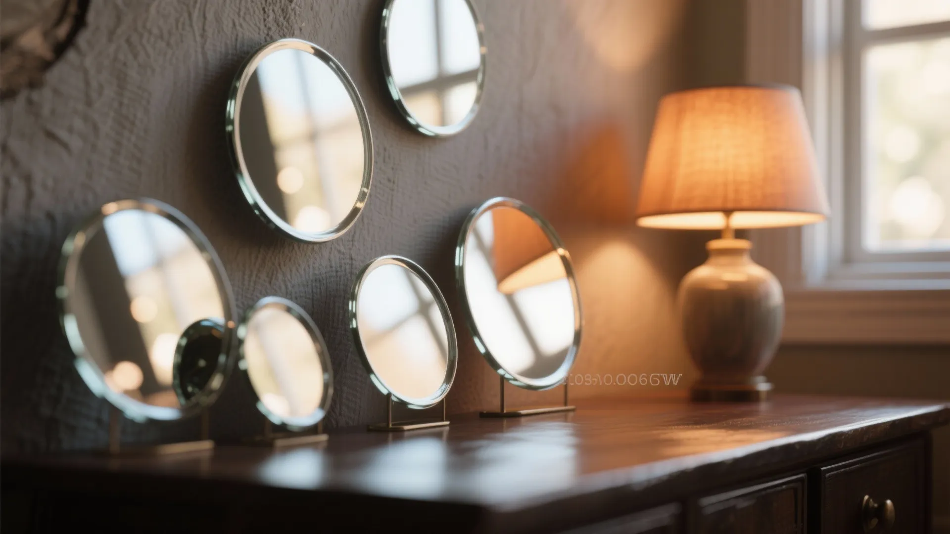 Close-up of small round mirrors placed near a lamp and window, scattering warm light into corners.