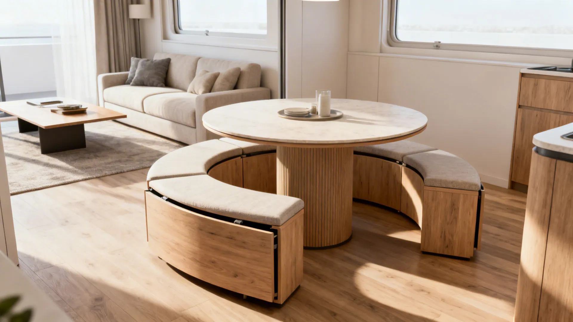 Round dining table with modular bench seating and clear circulation in a small open plan