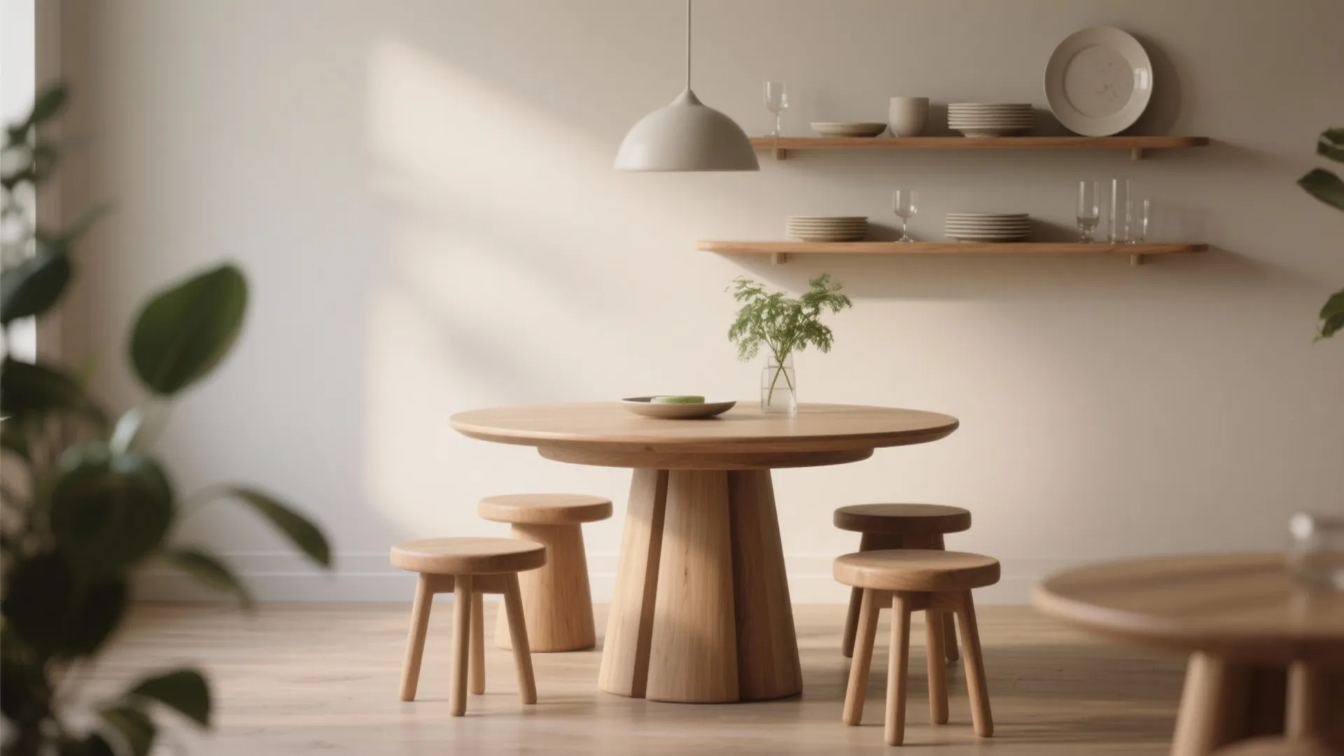 Small round dining table with nesting chairs and floating wall shelves in a compact apartment.