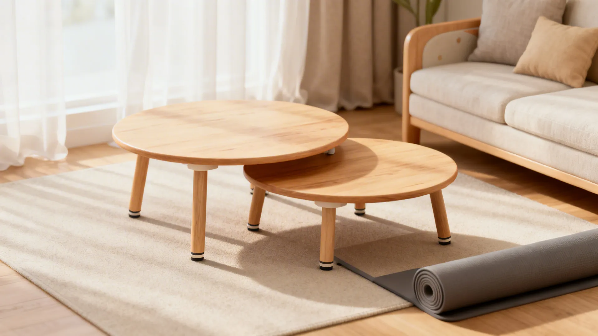 Round nesting tables in a small living room, one table pulled out to create flexible floor space.