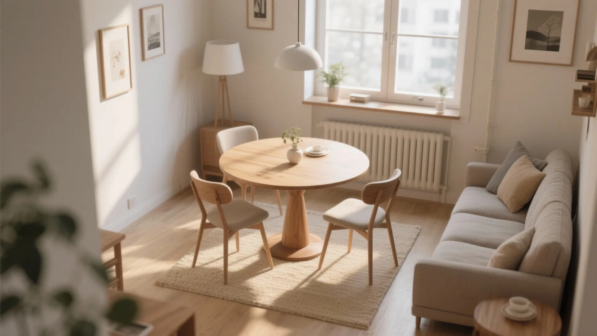Modern dining room with round wooden table three chairs beige sofa and white ceiling light