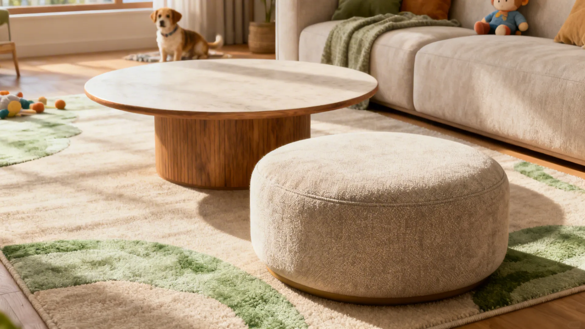 Round coffee table paired with an upholstered ottoman in a cozy living room