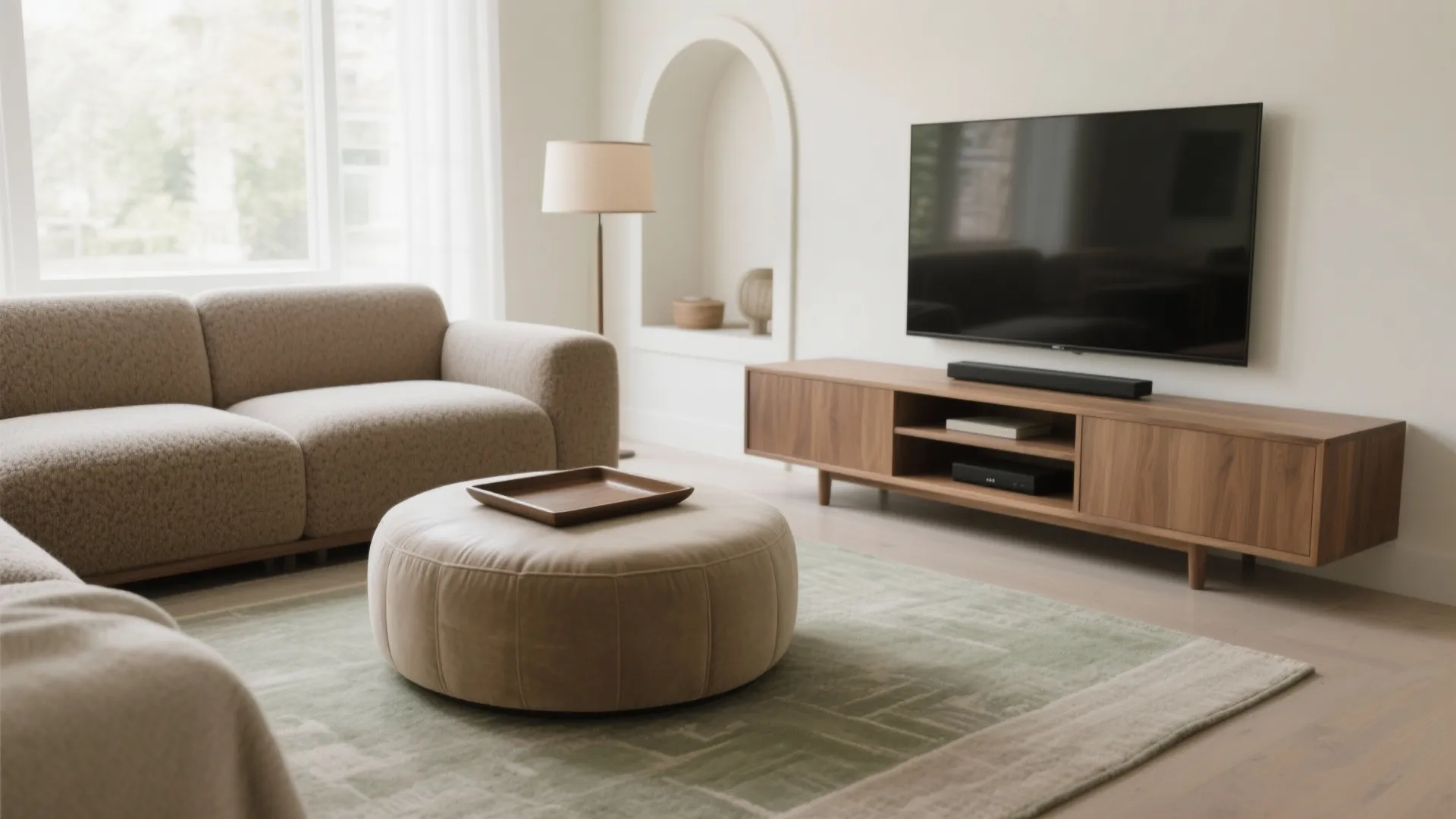 Modern living room featuring round fabric footrest with wooden tray near sofa and television cabinet