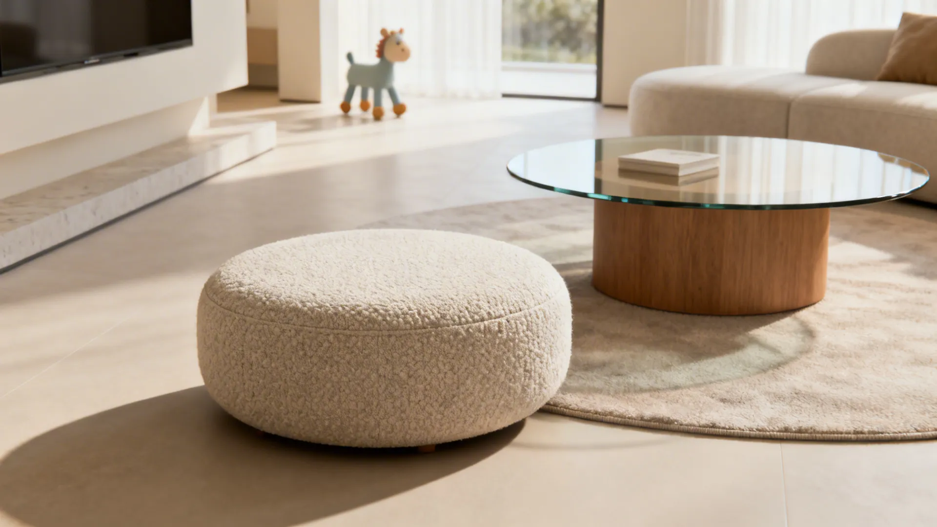 Round ottoman paired with an offset round coffee table in a compact living room promoting easy circulation.