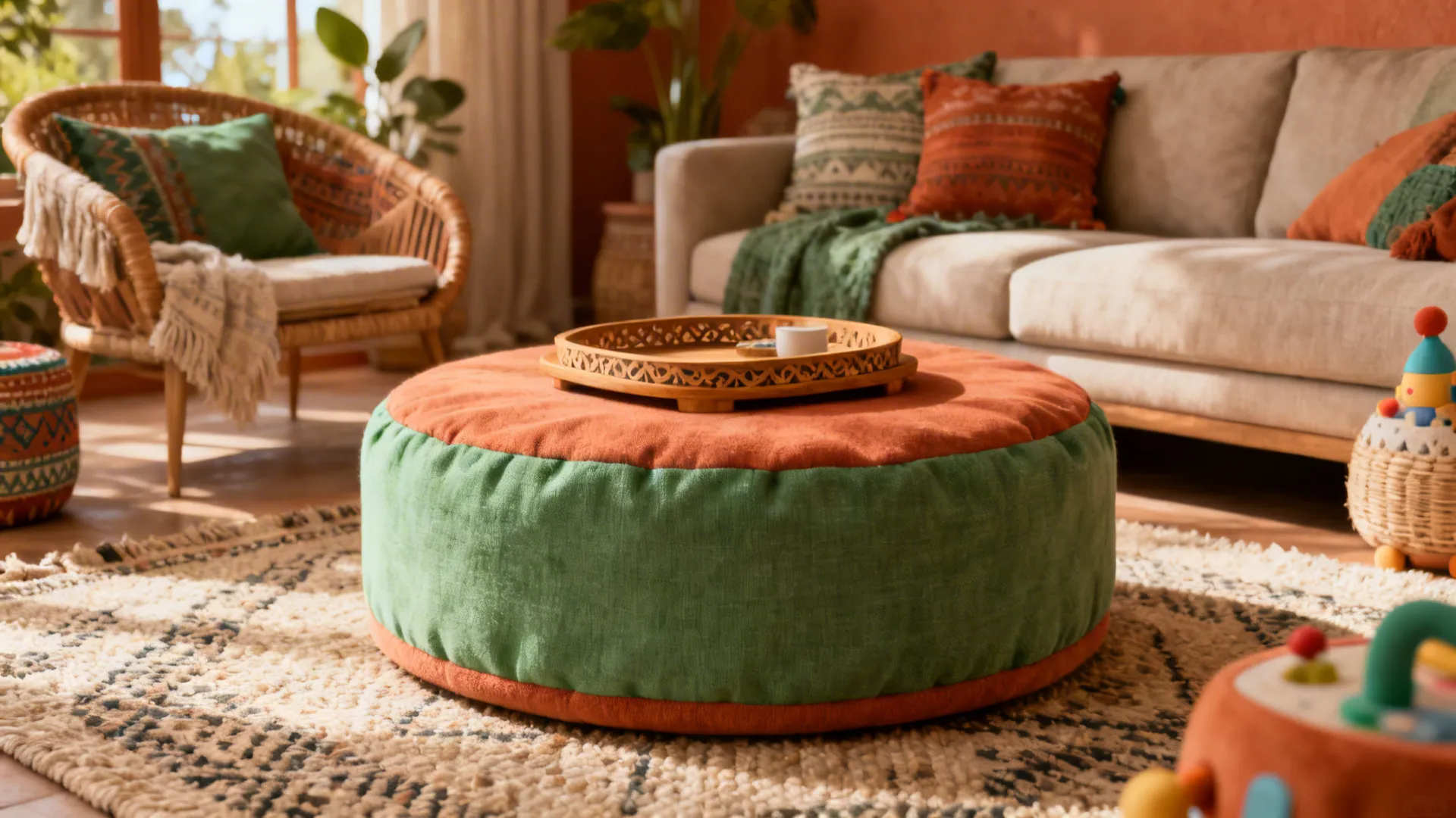 Round ottoman coffee table with removable cover and tray in a cozy small living room