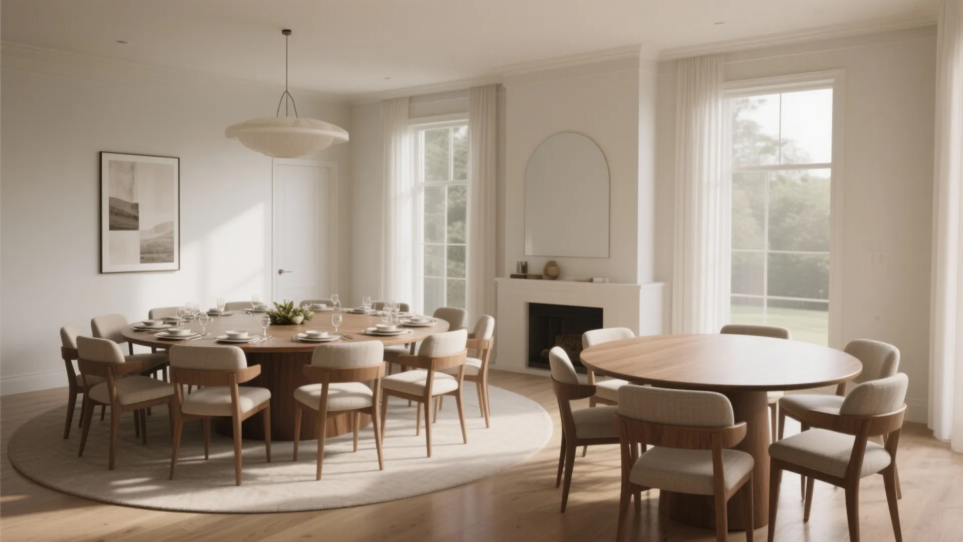 Spacious dining room with large round wooden table chairs fireplace and natural light from windows