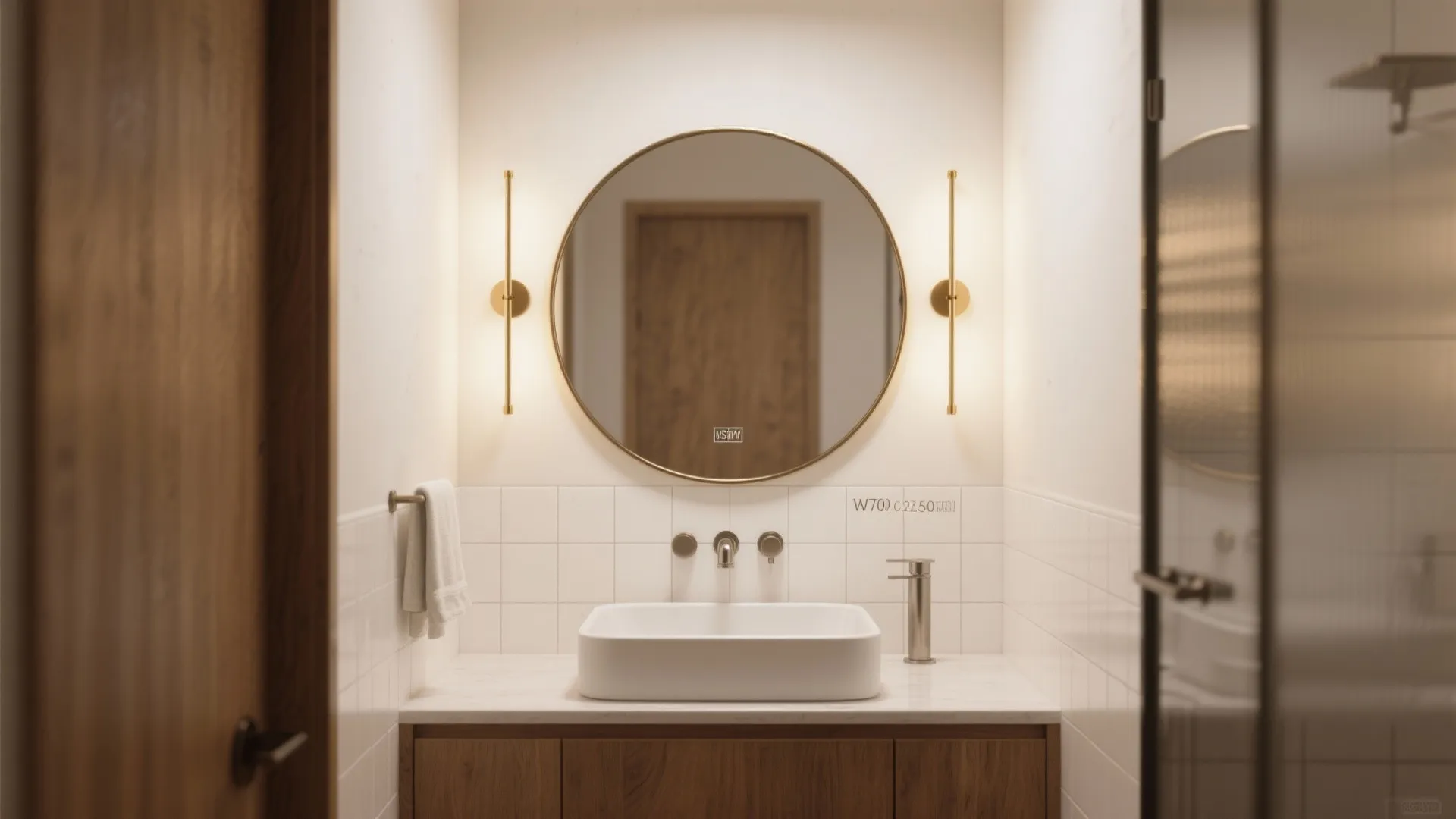 Modern bathroom featuring a round gold mirror flanked by two wall lights and white sink