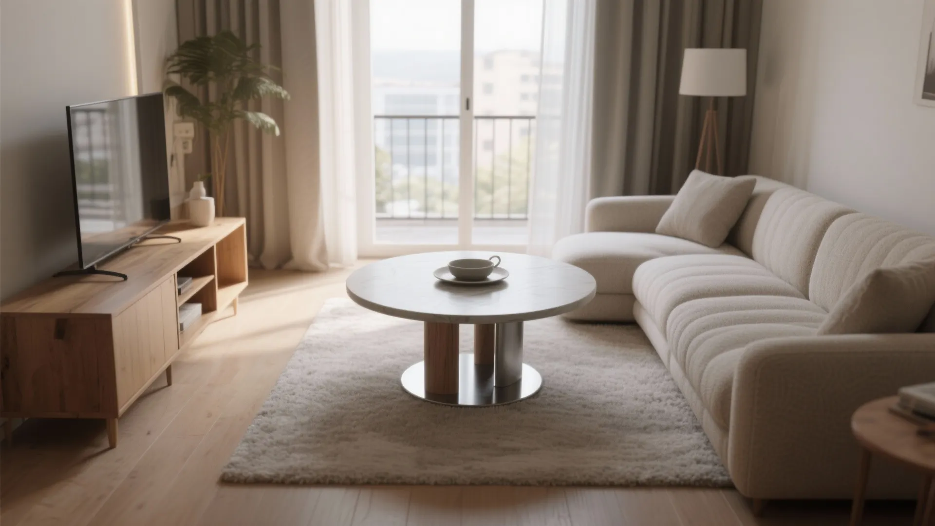 Modern living room with cream sofa round marble coffee table wooden TV stand and sunlight