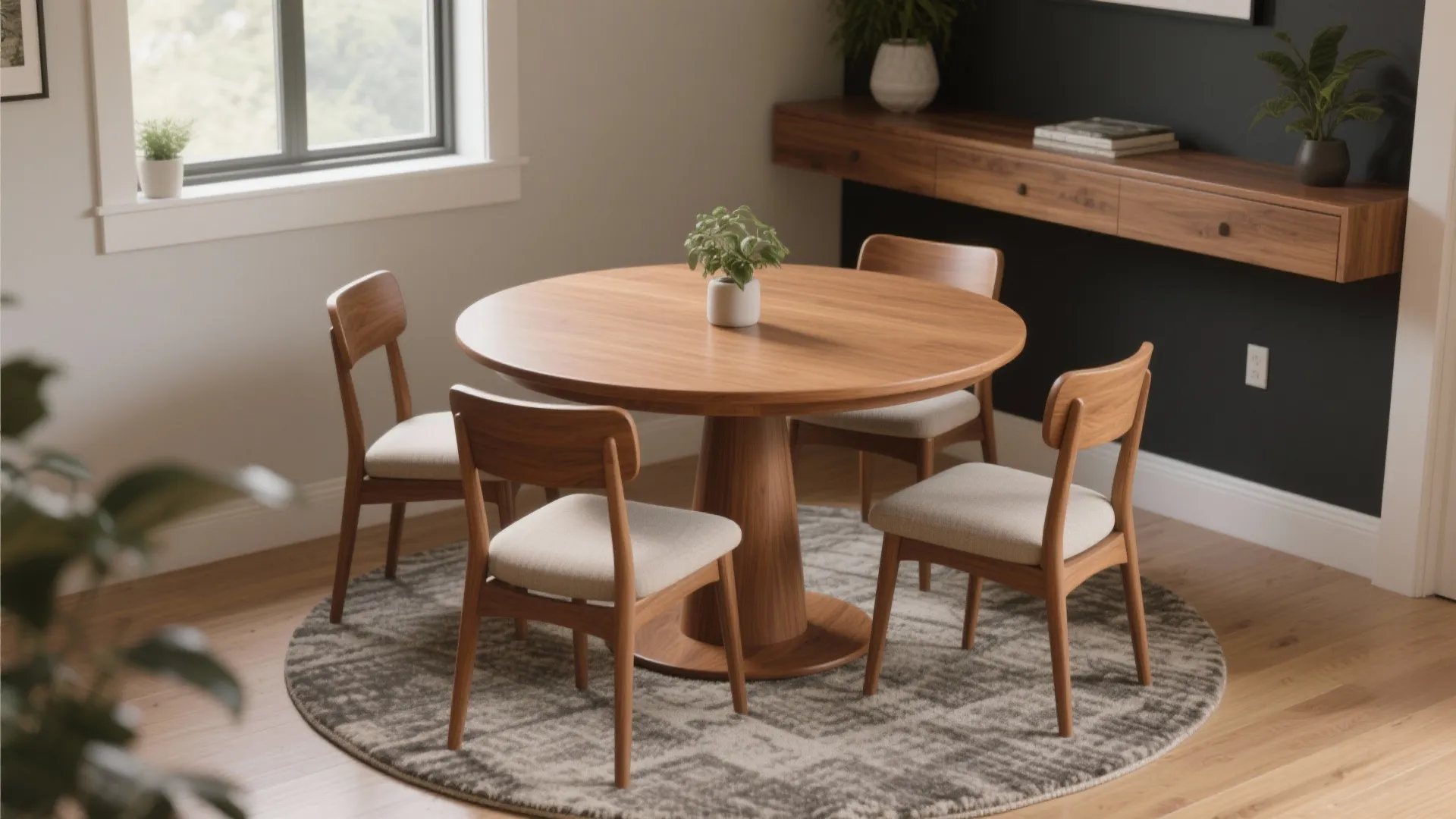 Round wooden table with four matching chairs on circular rug in a modern home dining area