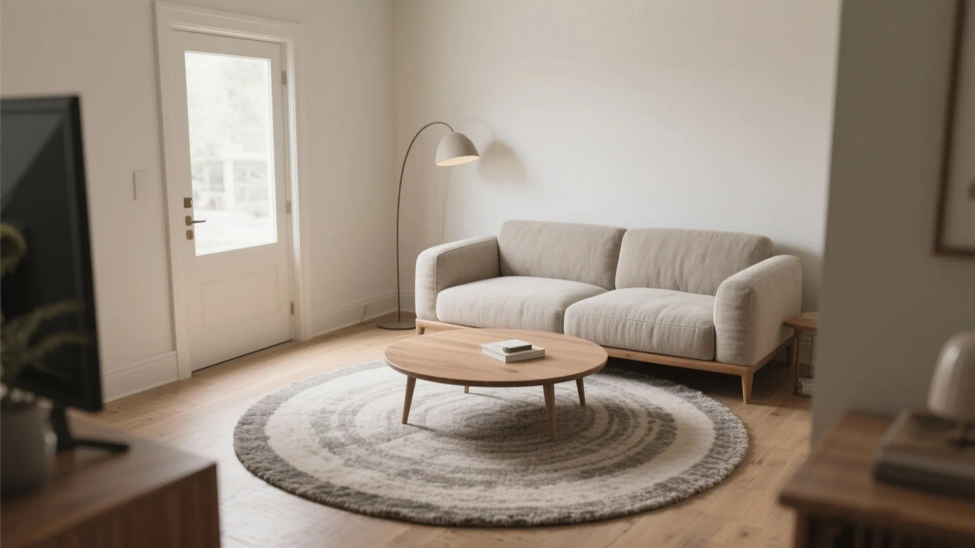Modern living room featuring a grey sofa round wooden coffee table and circular pattern rug