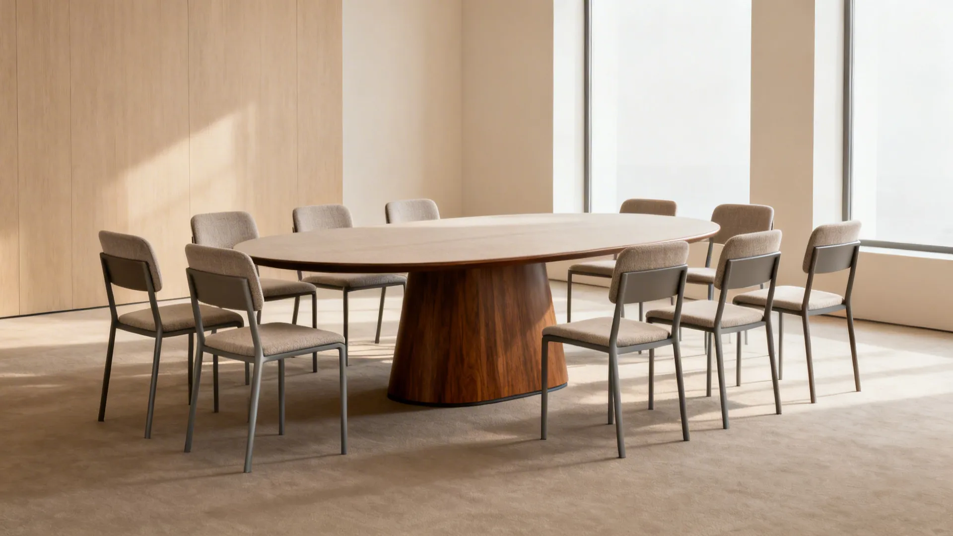 Round-to-oval pedestal dining table seating ten with smooth traffic flow and evenly spaced armless chairs.
