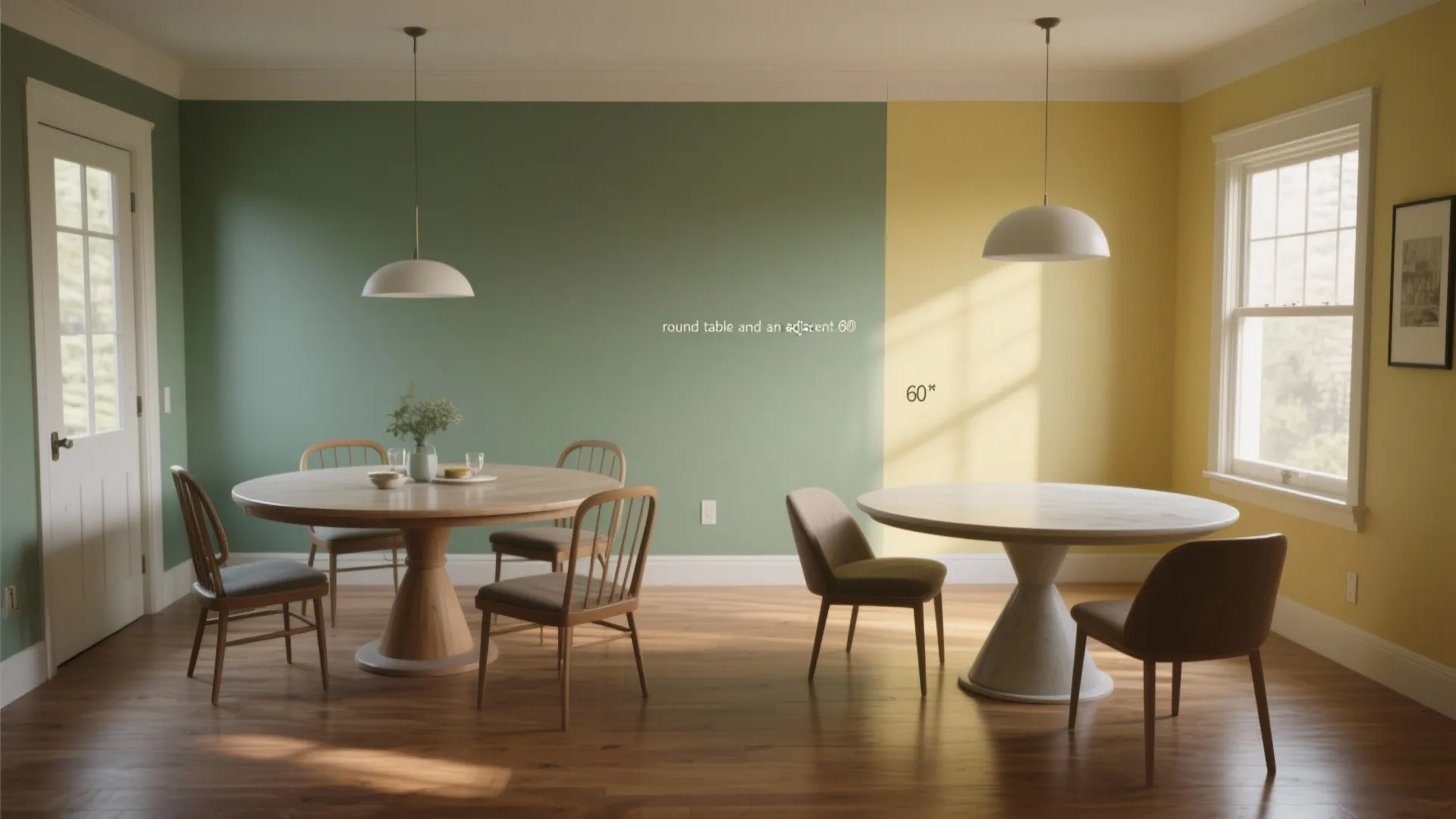 Two round wooden dining tables placed in a room with green and yellow wall paint sections