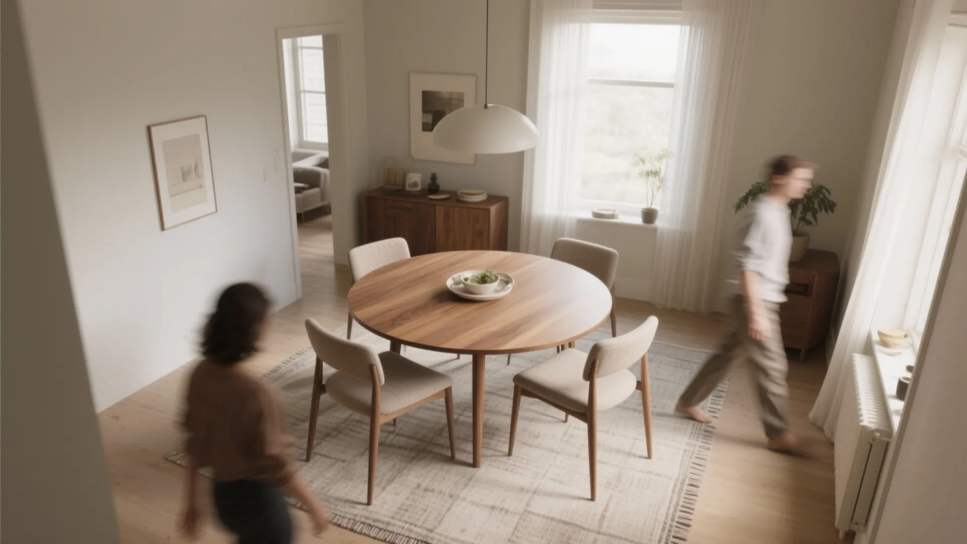 Modern dining room with round wooden table four beige chairs ceiling light and natural light
