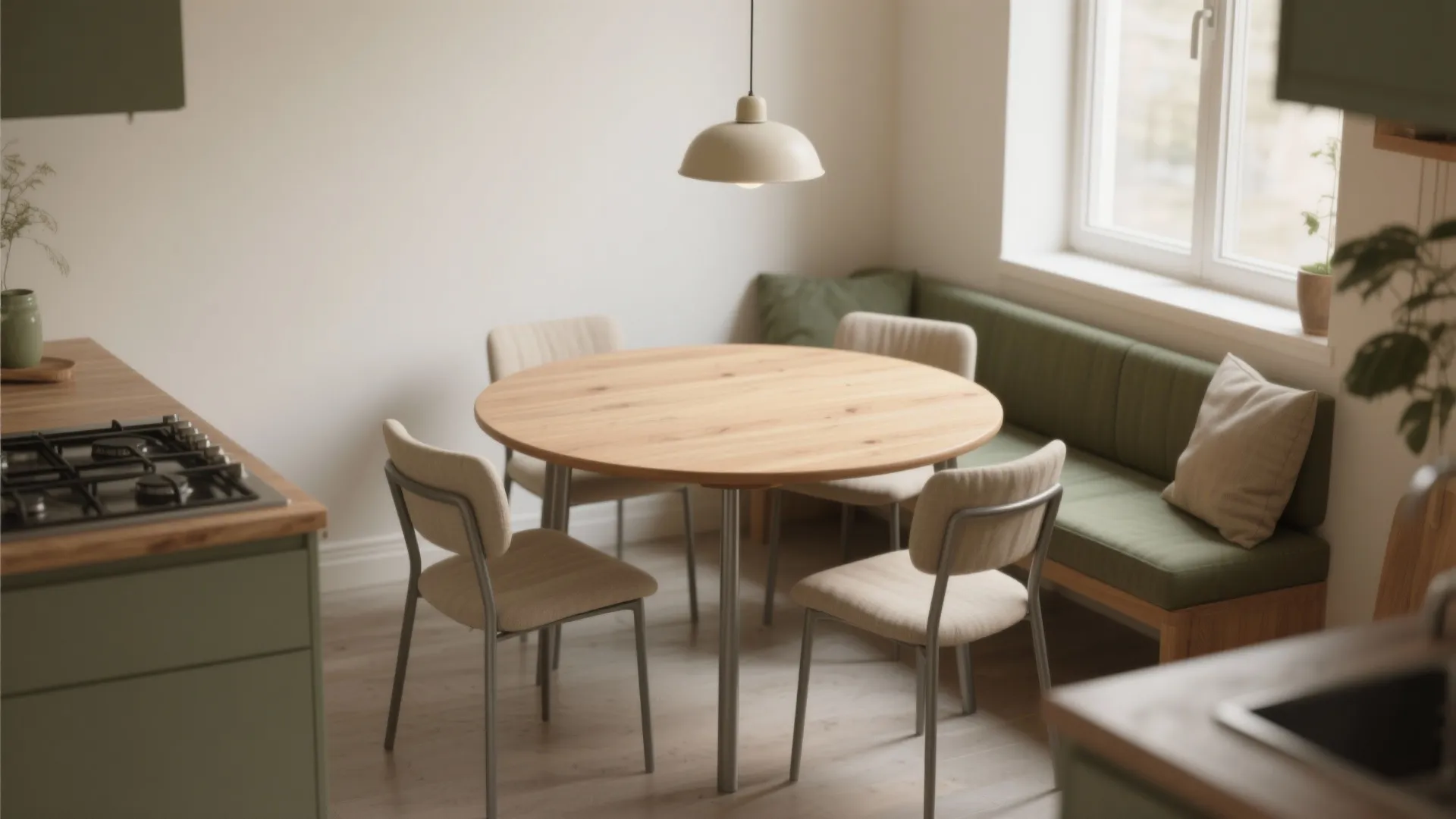 [
  {
    "url": "https://coohom-biz-sg-s3.coohom.com/ins/static/article/round-oval-table-1759905397780036700.jpg",
    "alt": "Round wooden dining table with beige chairs green bench cream ceiling light and kitchen window"
  }
]