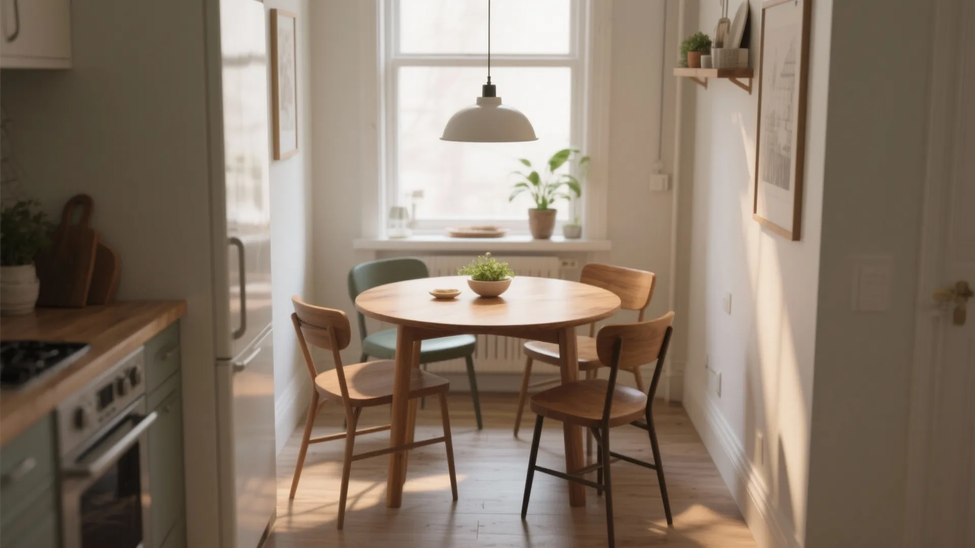 Small dining area with round wooden table, four chairs, white ceiling light, and natural window