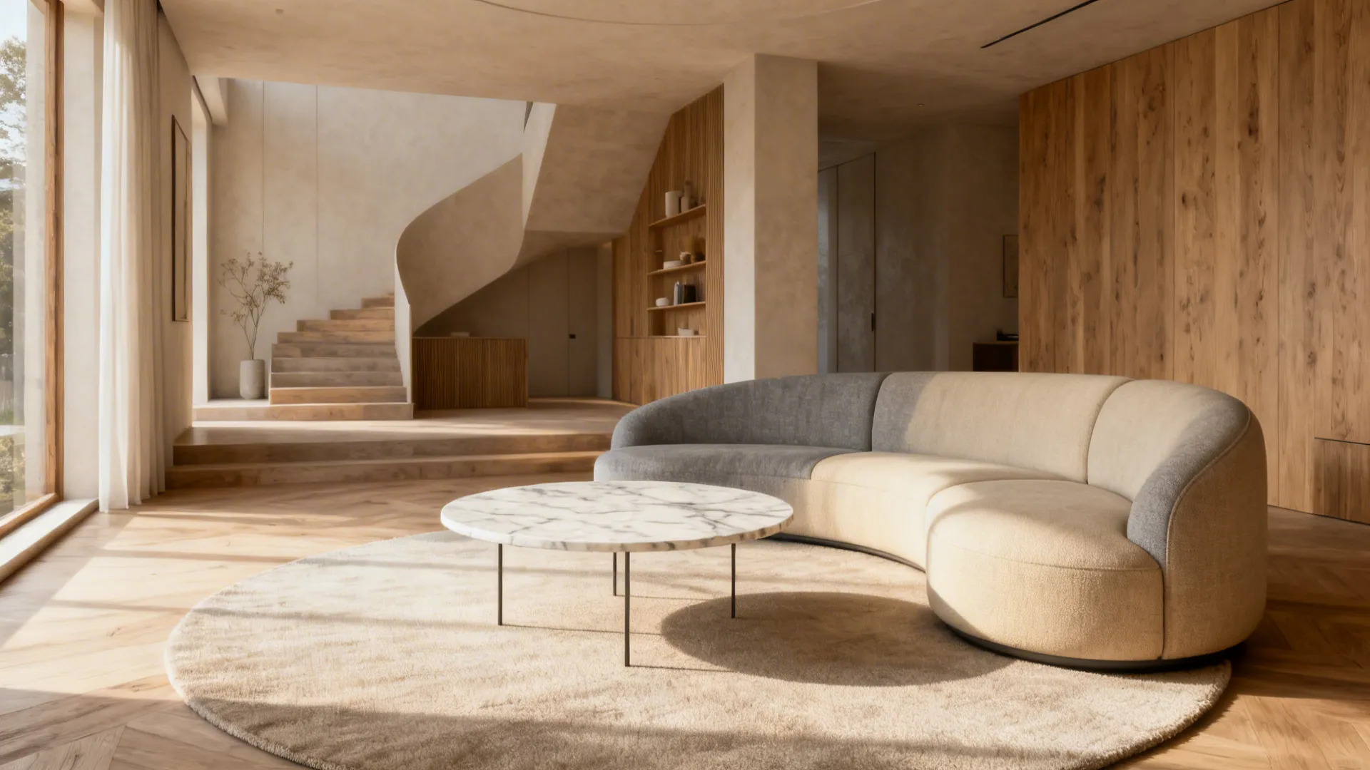Round coffee table in front of a curved sofa, showing smooth traffic flow in a small living room