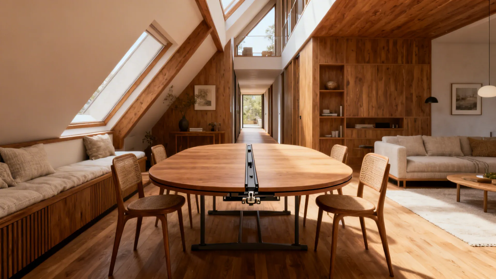 Narrow loft showing a round table extended into an oval to improve circulation and seating