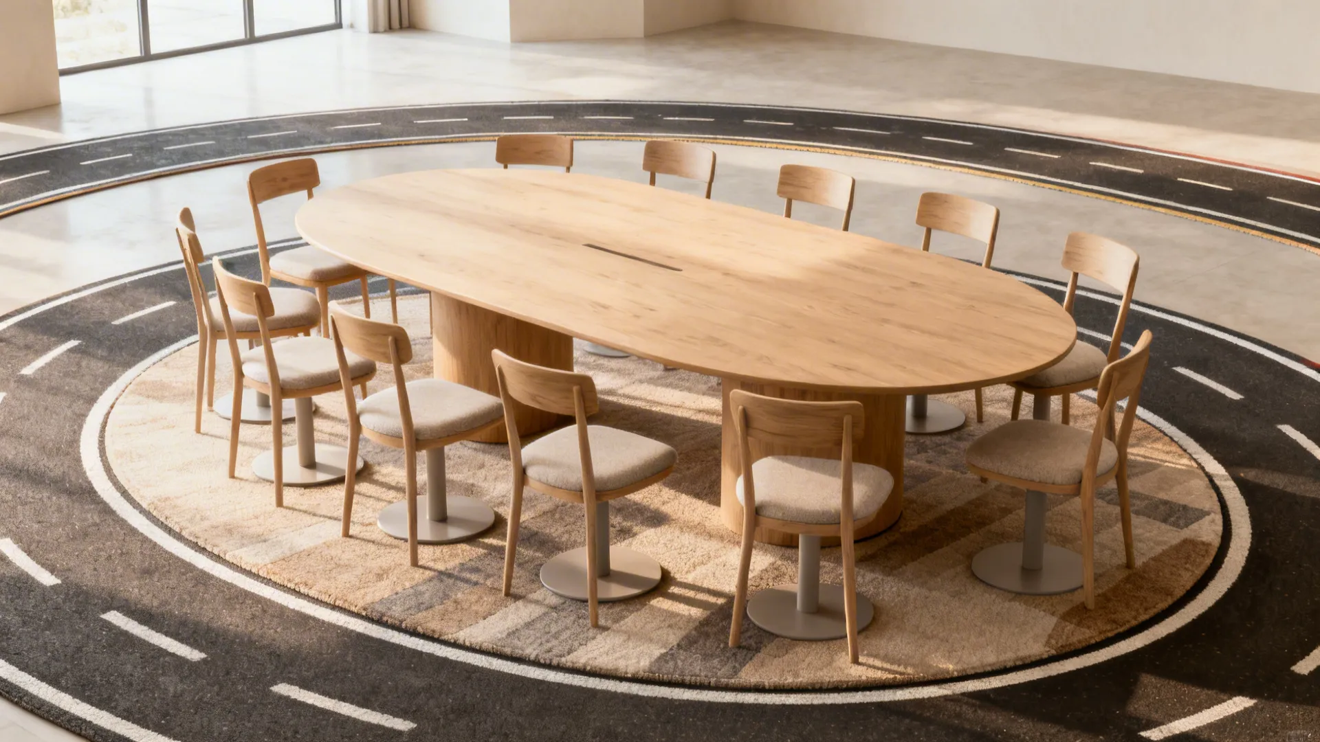 Large oval wooden table with chairs on a circular rug designed like a road track