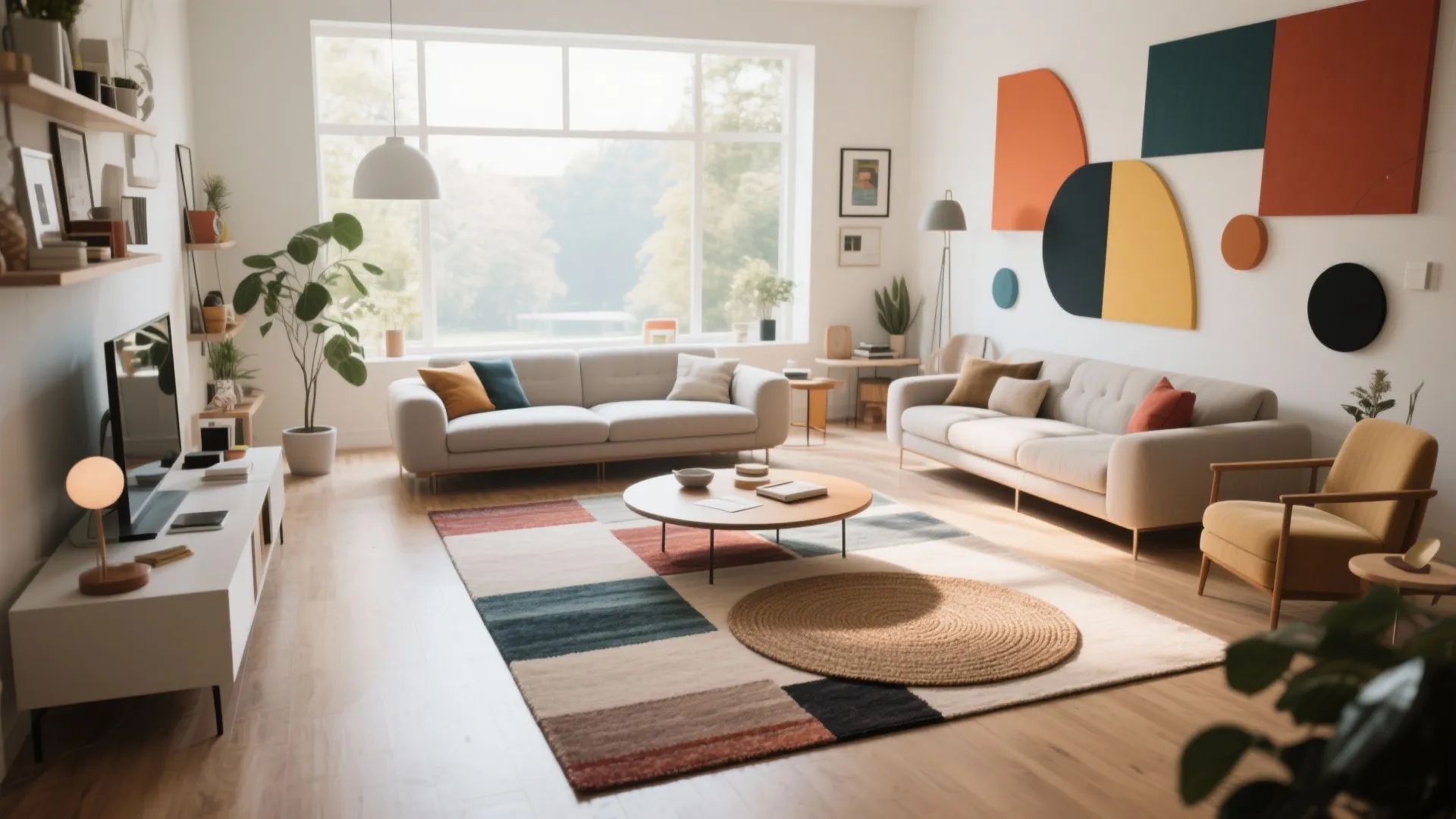 Spacious living room with colorful wall art and round brown rug overlapping a rectangular rug
