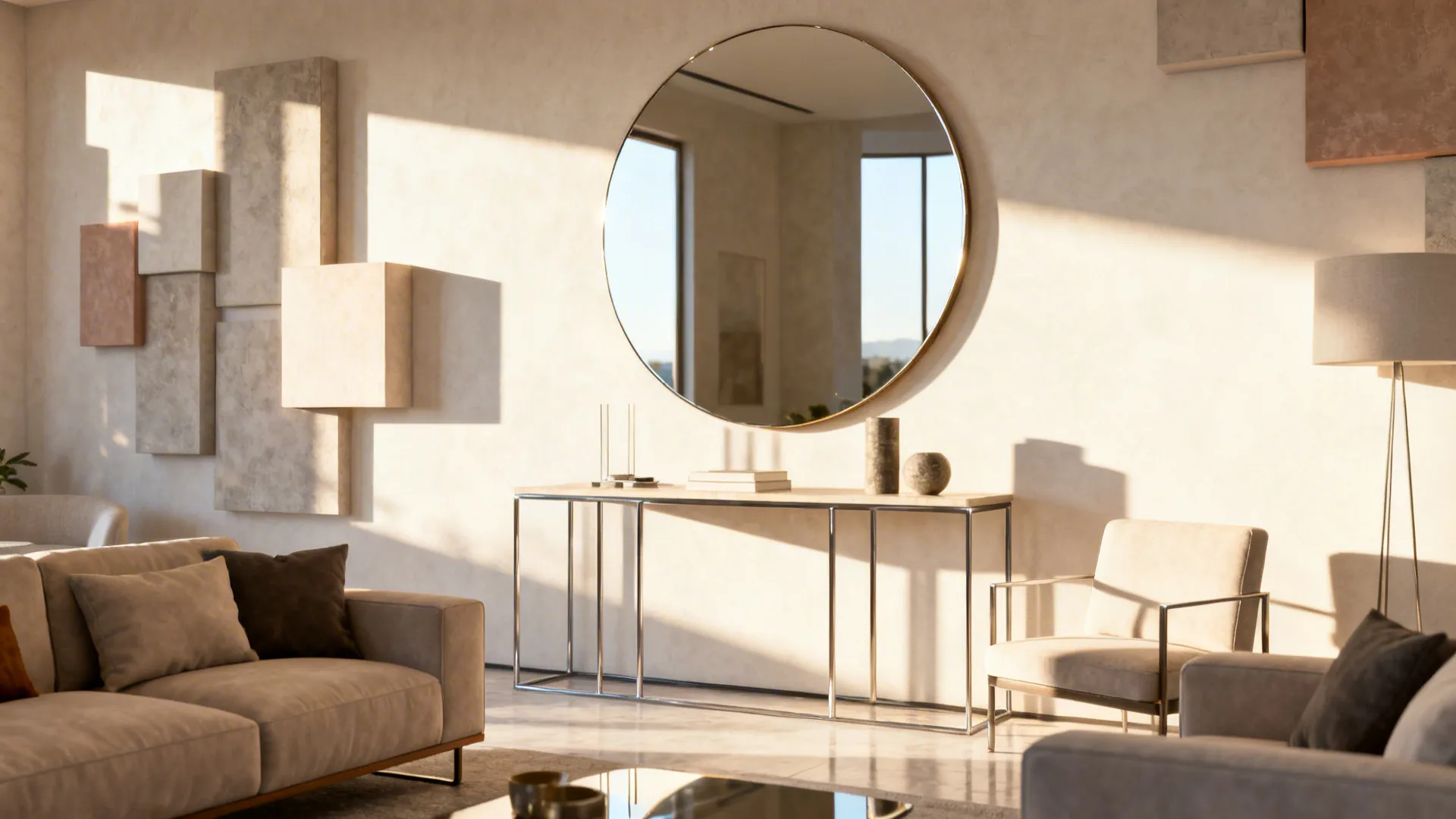 Round oversized mirror softening a room with many rectangular elements