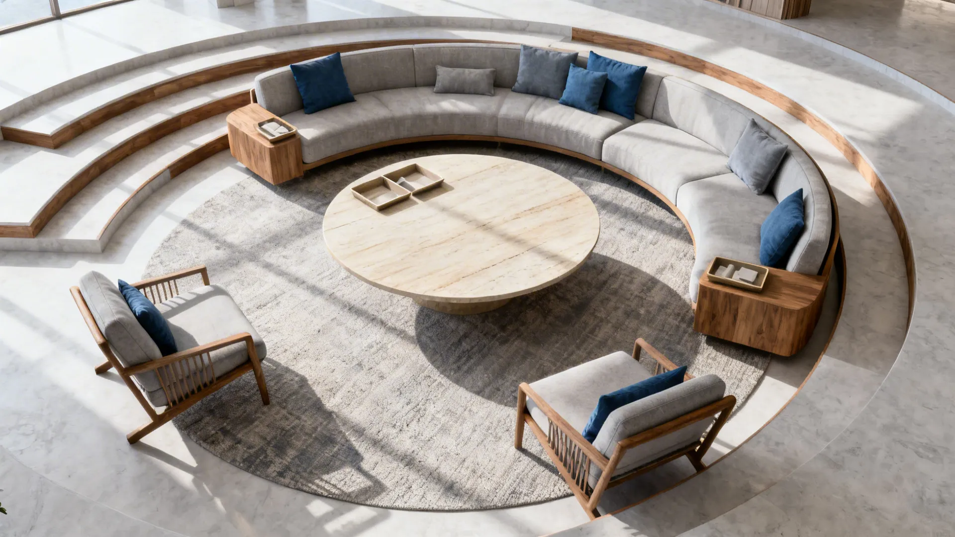 Open-plan living area with a large round coffee table encouraging flow and conversation.