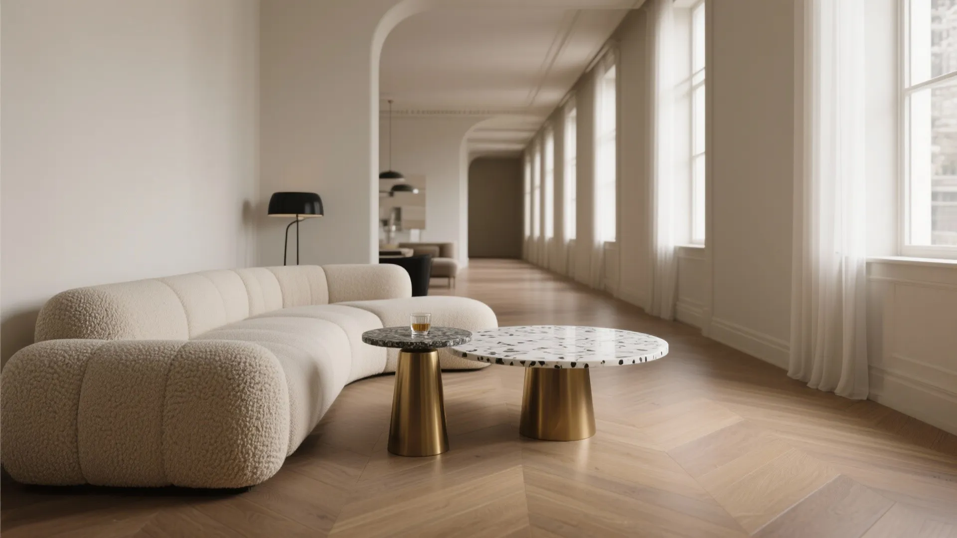 Round pedestal (“martini”) drink tables to soften traffic