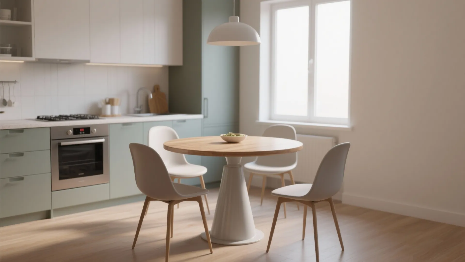 Minimalist kitchen with round wooden dining table, four white chairs, light green cabinets and window