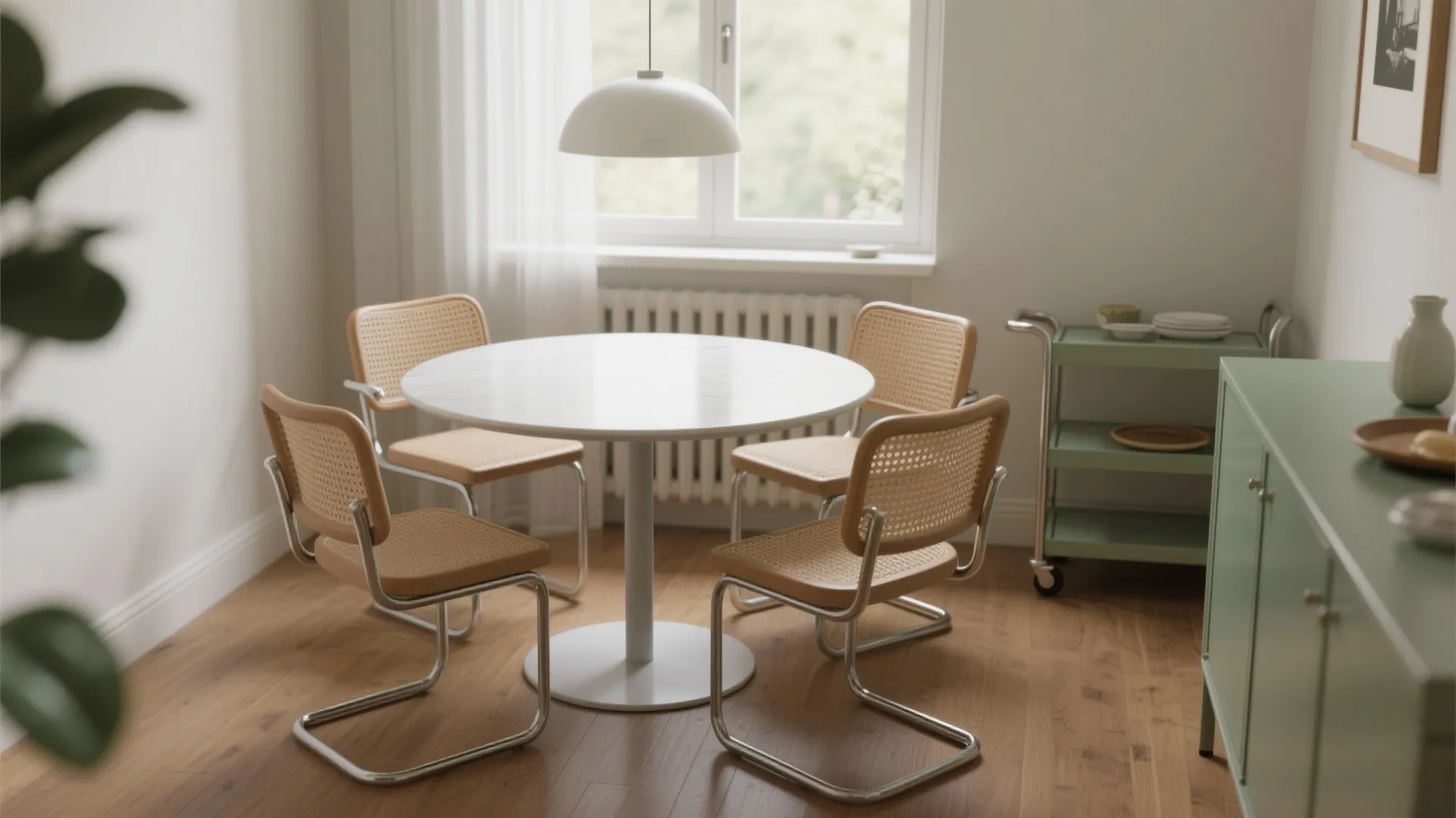 White round dining table with four rattan chairs under white ceiling light in a bright room