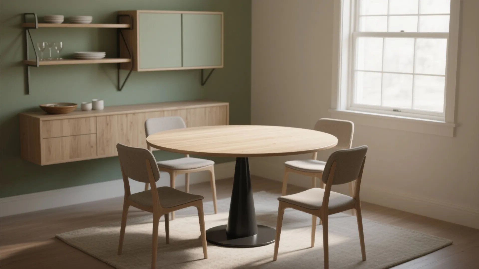 Small square dining area centered on a round pedestal table with chairs tucked close for maximum circulation.