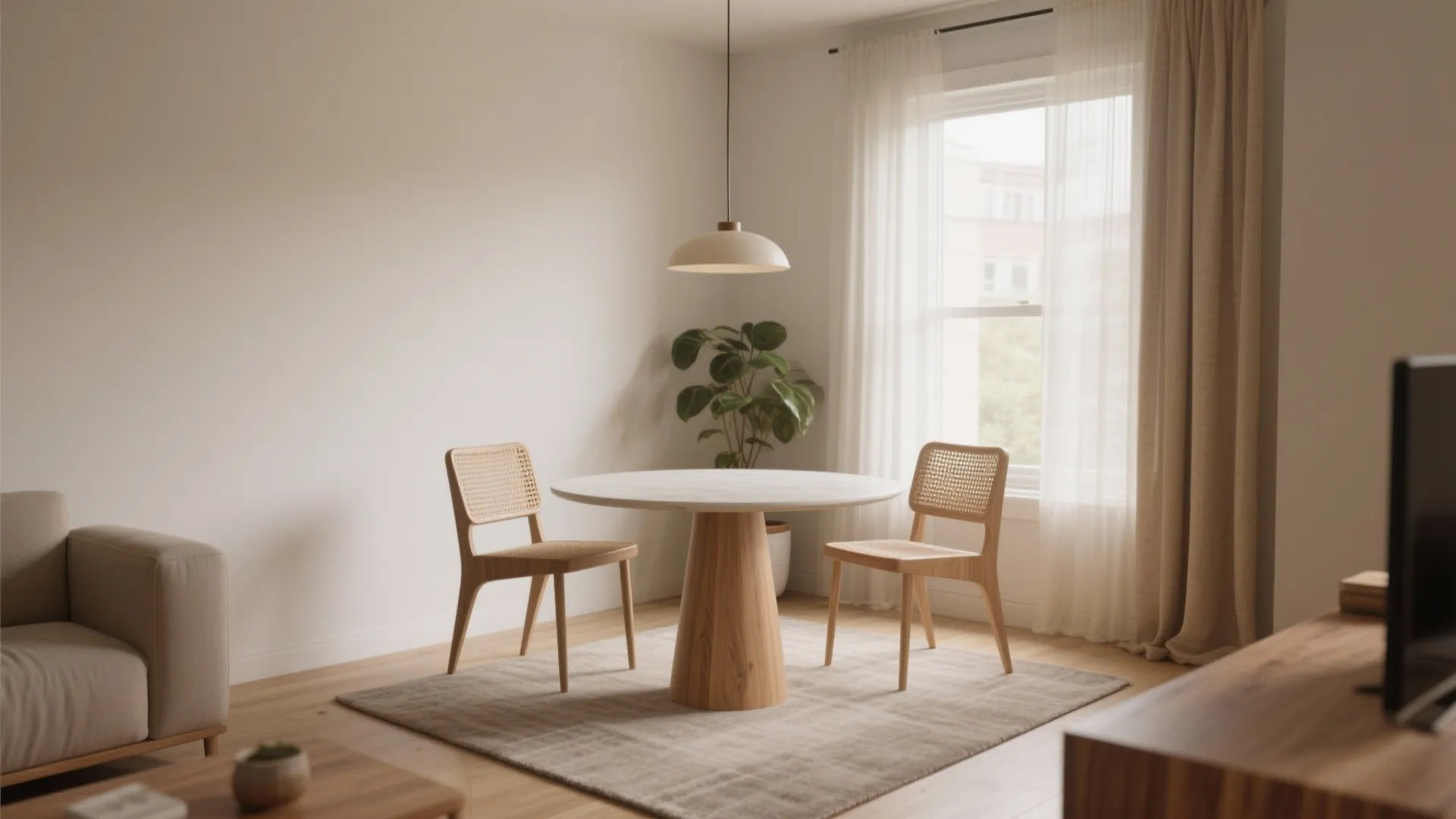 Modern round wooden dining table with two woven chairs under a simple white ceiling light