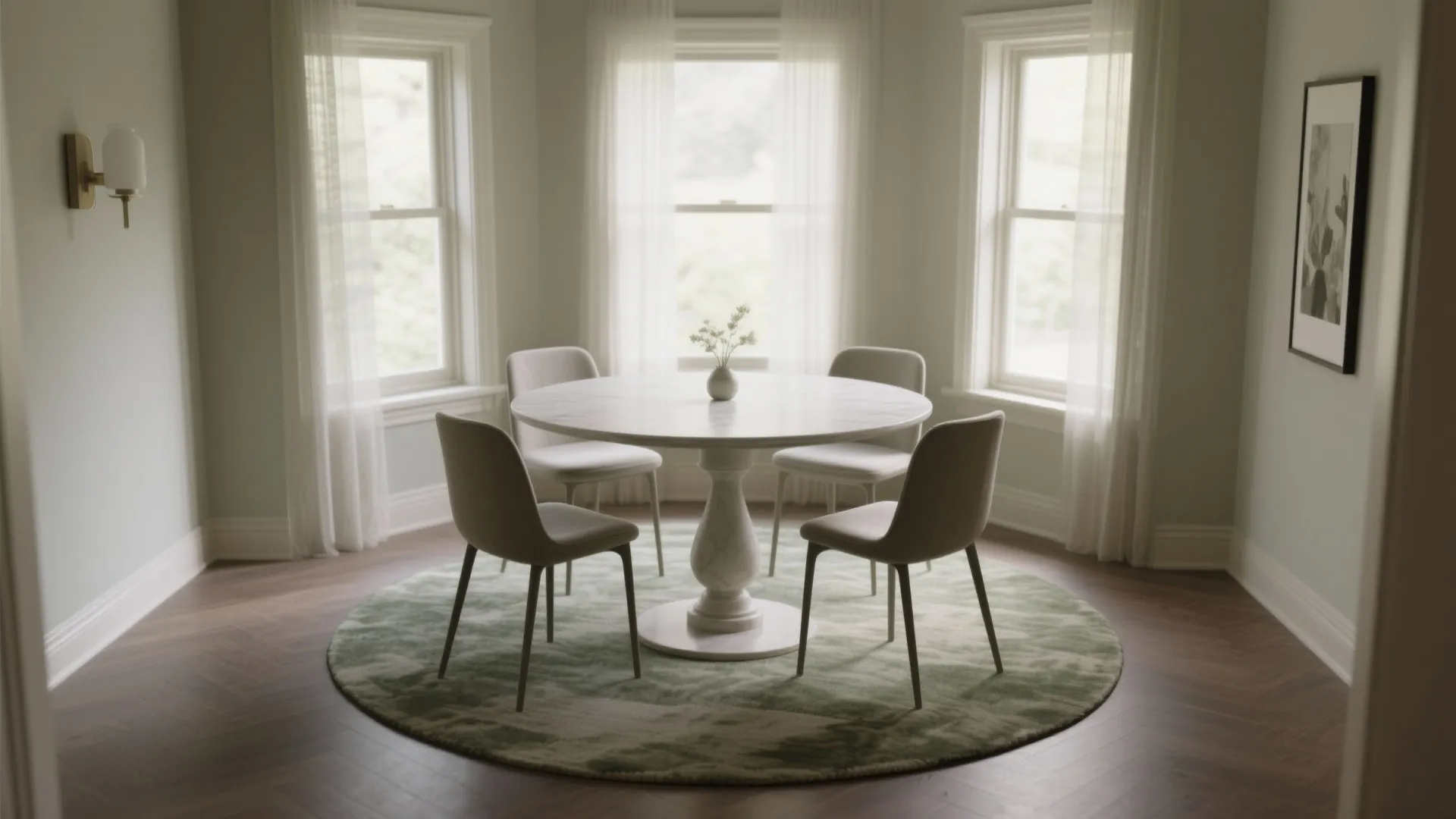 Round white dining table with four chairs on green rug in room with three windows