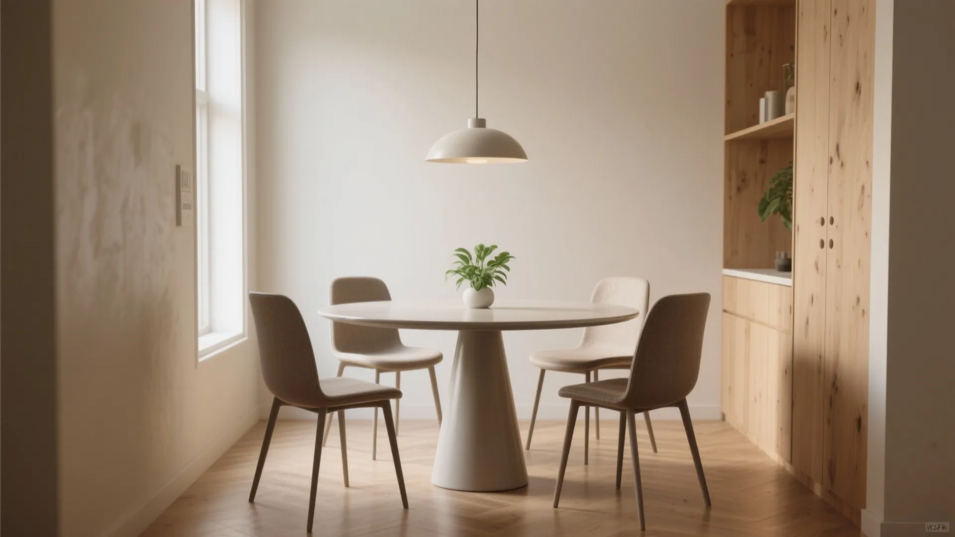 Modern dining room with round white table four chairs ceiling light wooden cabinet and small plant