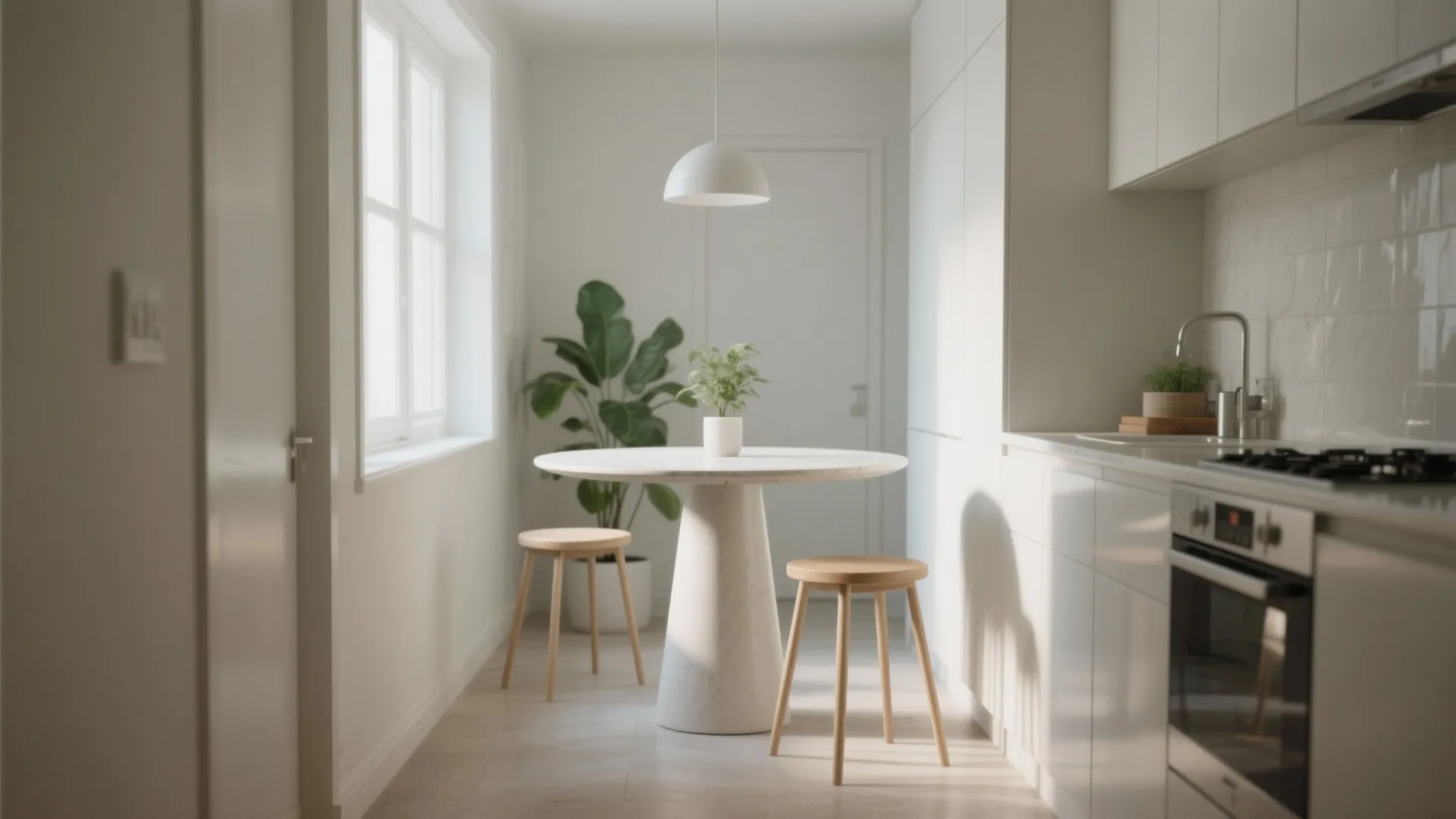 Minimalist white kitchen with a round marble dining table wooden stools and a ceiling light