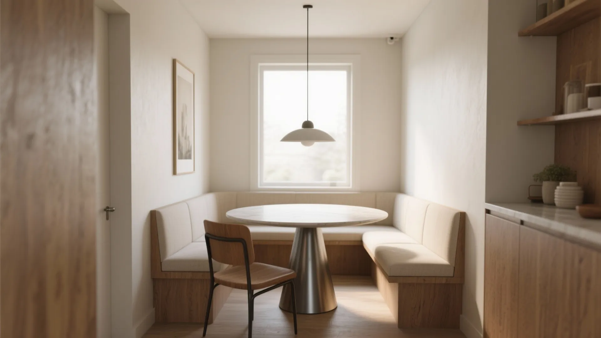 Modern dining nook with round marble table, built-in bench seating, wooden chair, and ceiling light