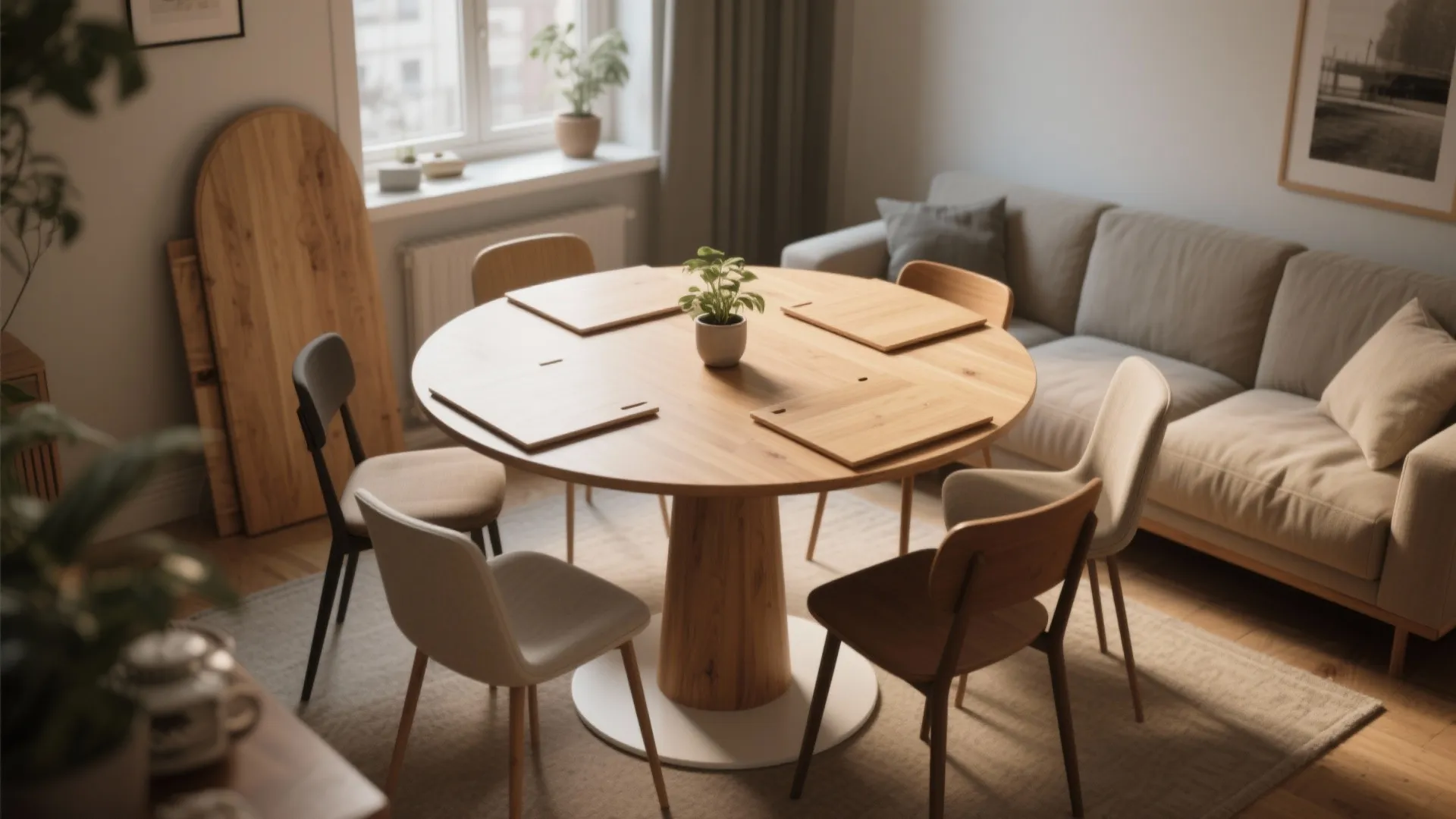 3. Round pedestal with removable leaves for flexible flow