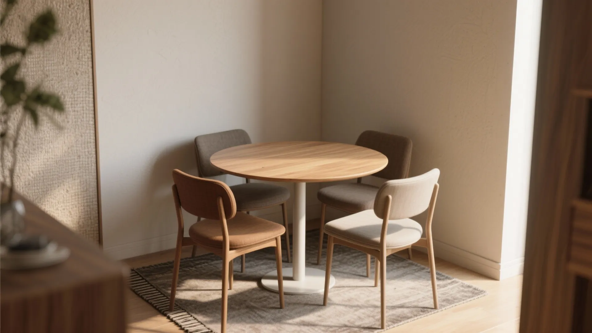 Slim round pedestal table seating four in a tight corner, showing legroom and flow.