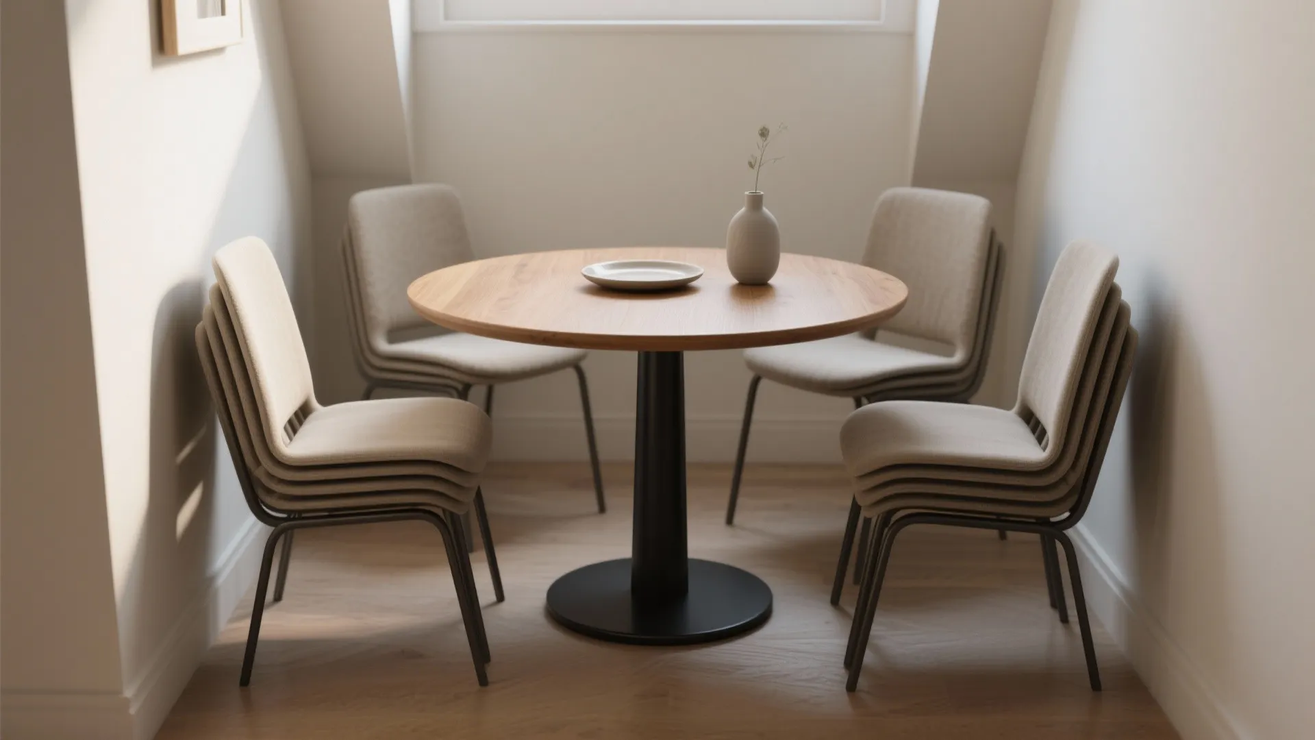 1. Round pedestal table with stackable chairs