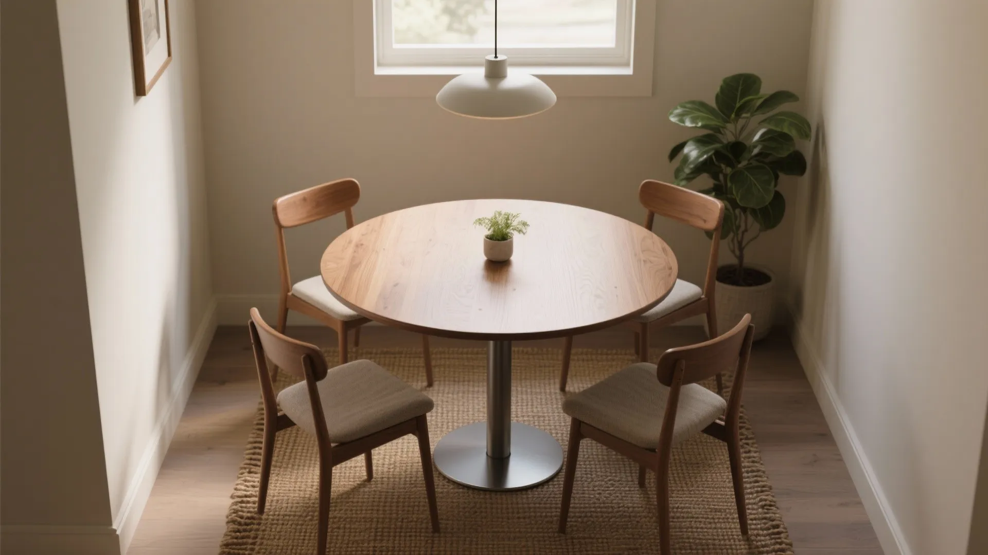 Round wooden dining table with four chairs on rug under a white ceiling light by window