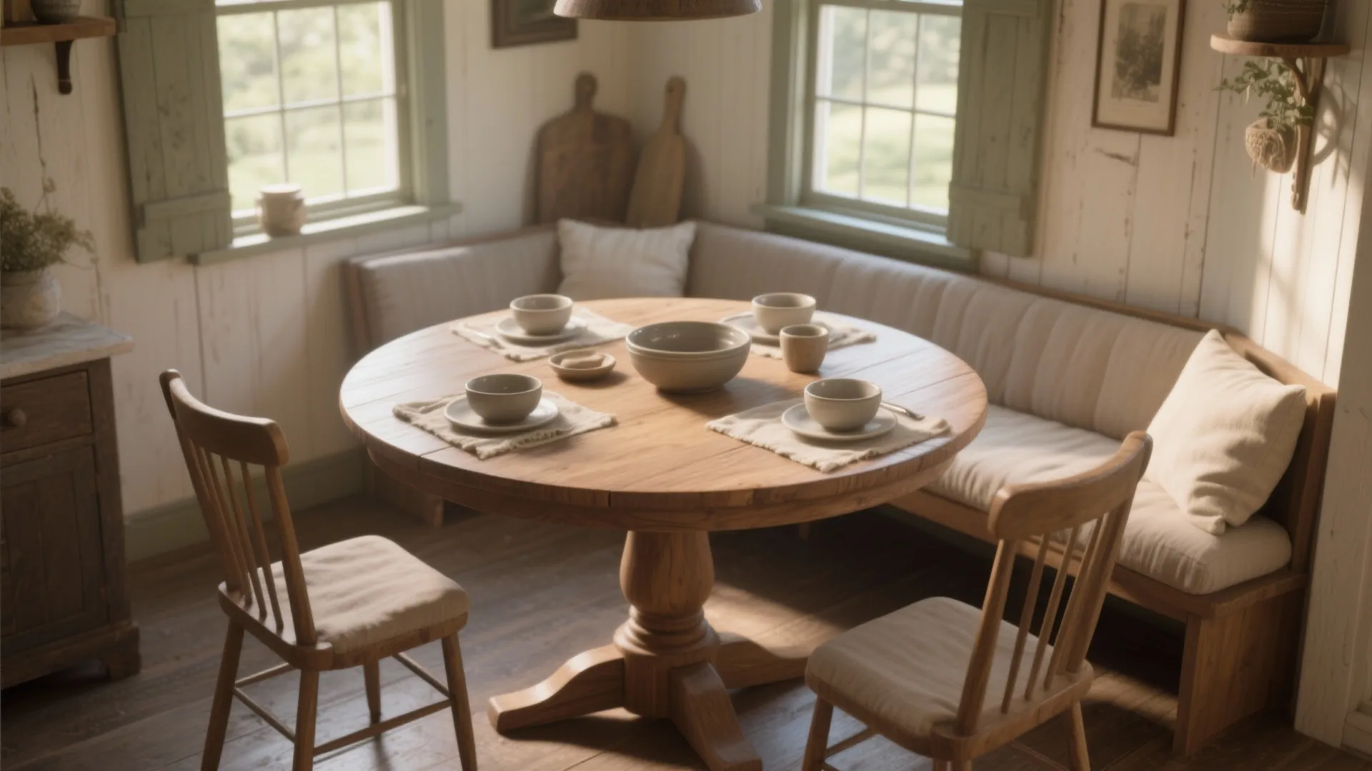 Round wooden dining table with chairs and built-in bench seating in a rustic country kitchen