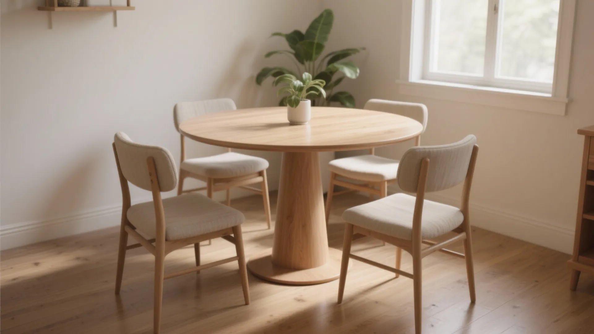 Cozy small dining nook with a light-wood round pedestal table and four slim chairs, airy and inviting.