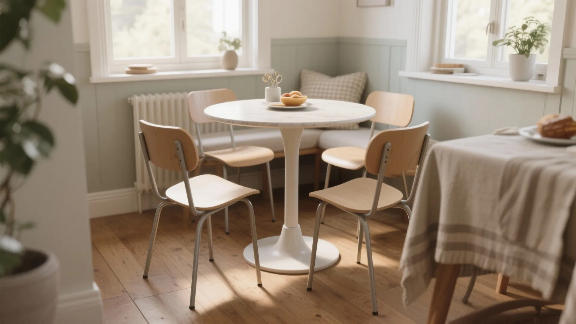 2. Round pedestal tables with stackable or armless chairs