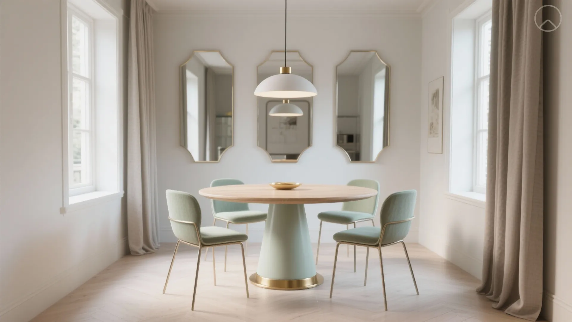 Bright dining room featuring round wood table with green chairs three mirrors and ceiling light