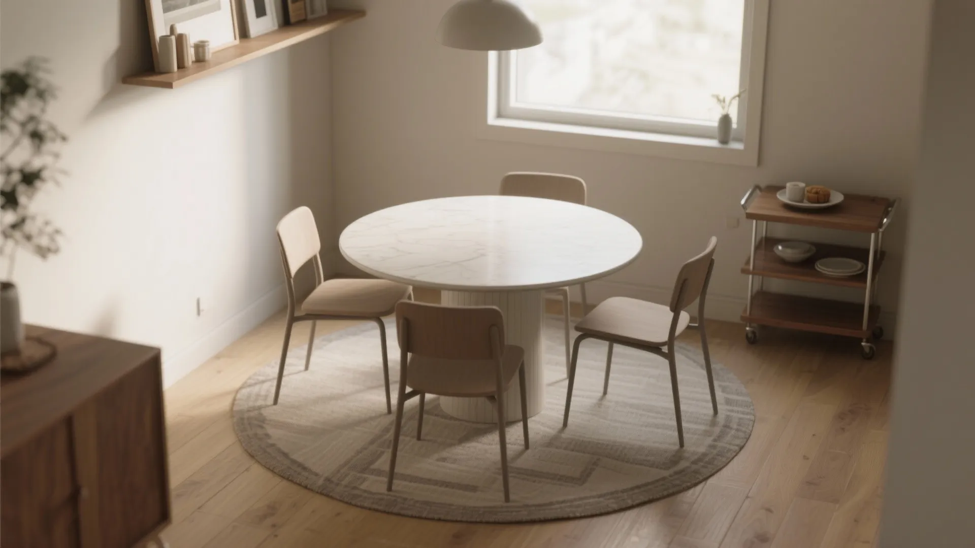 Small contemporary dining nook with a round pedestal table, slim chairs and a serving cart in soft daylight.