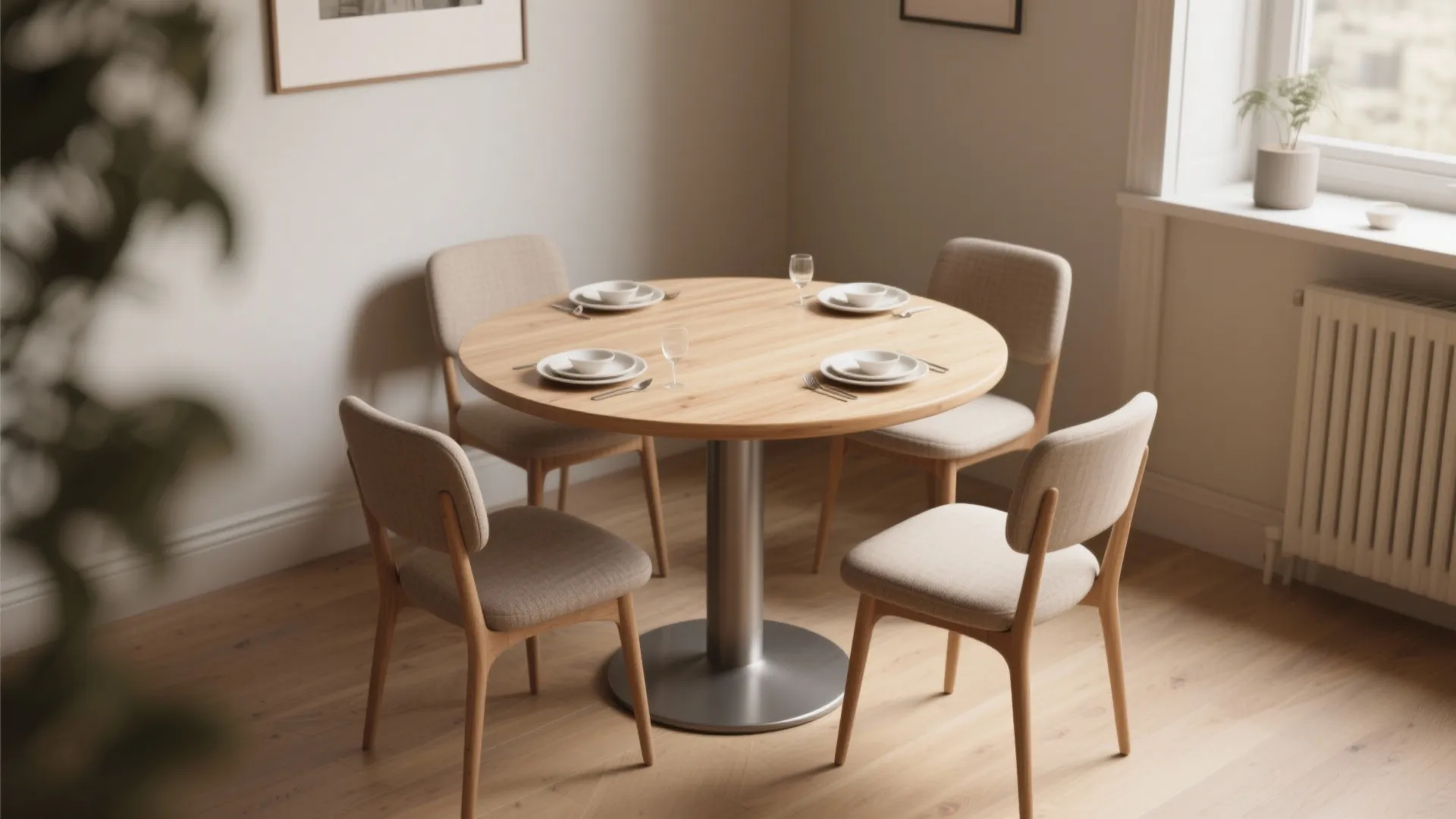 1. Round pedestal table with armless chairs
