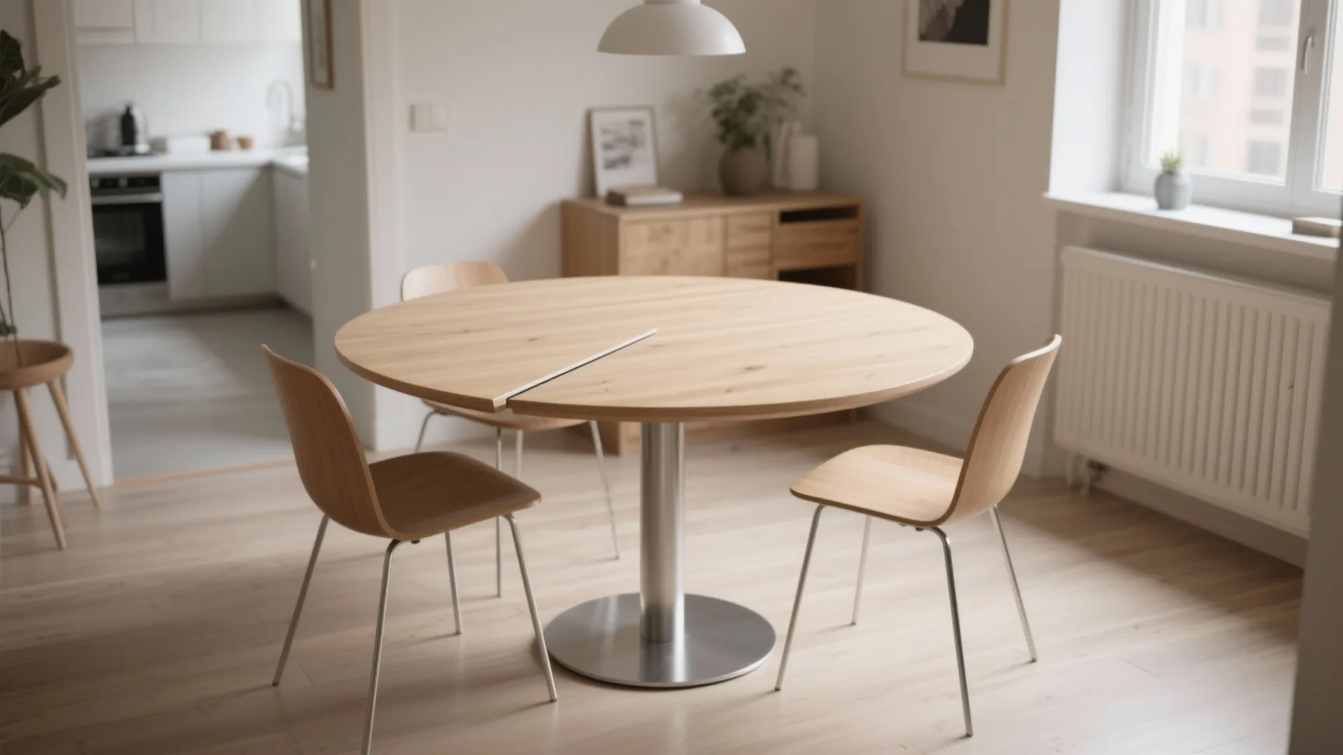 Modern round wooden dining table with metal base surrounded by three matching wooden side chairs