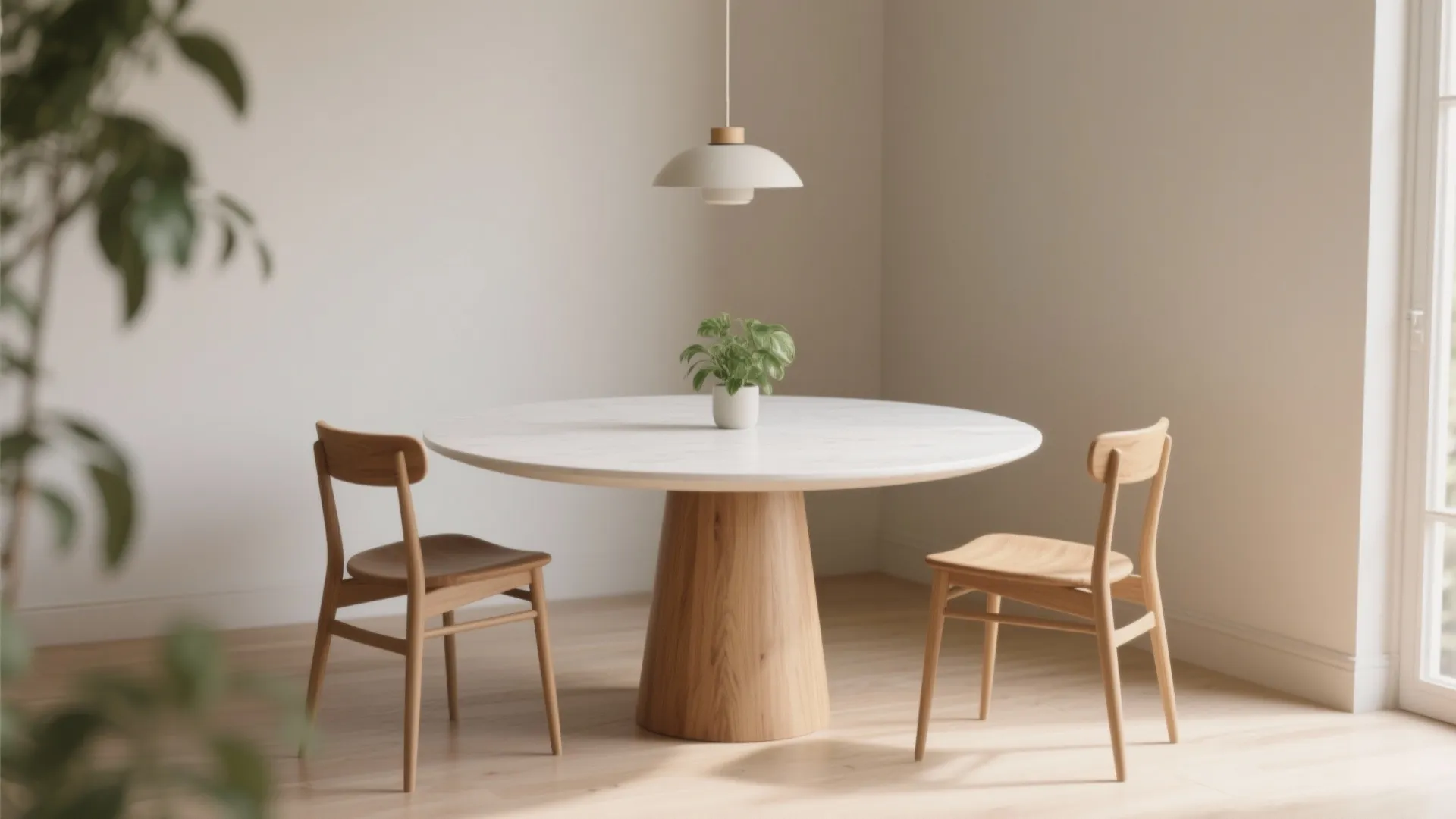 Round white marble dining table with wooden base two wood chairs and a ceiling light