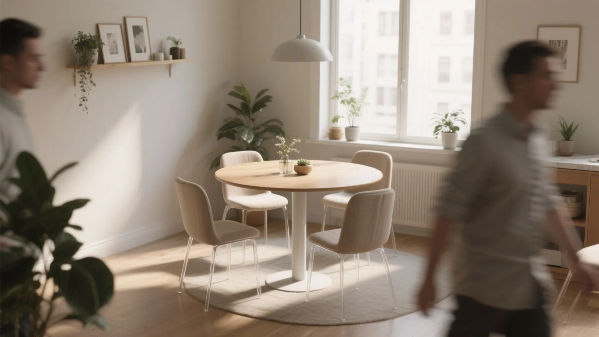 2. Round pedestal table for smoother flow