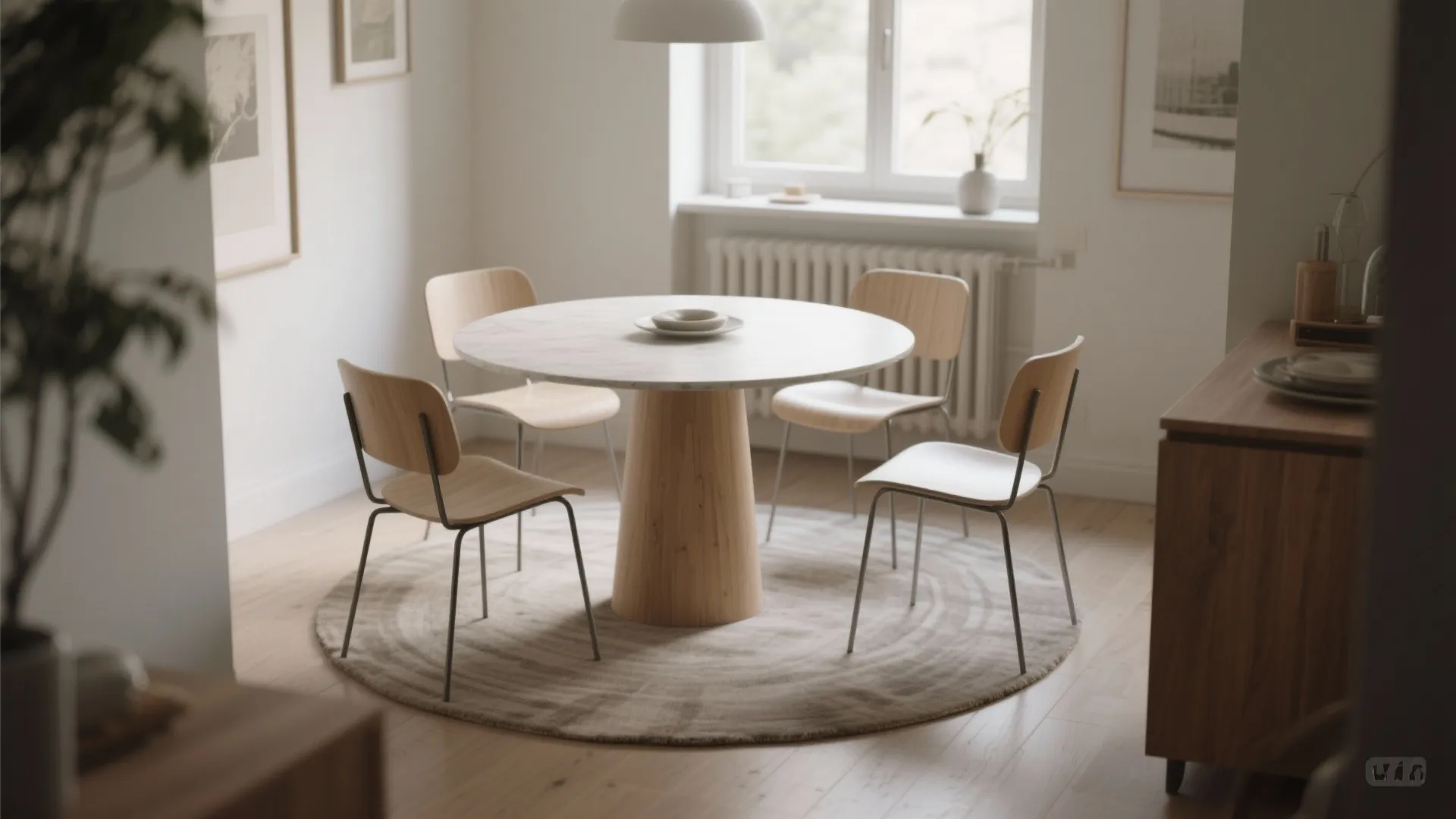 Modern round marble dining table with wooden base surrounded by four wooden chairs on round rug