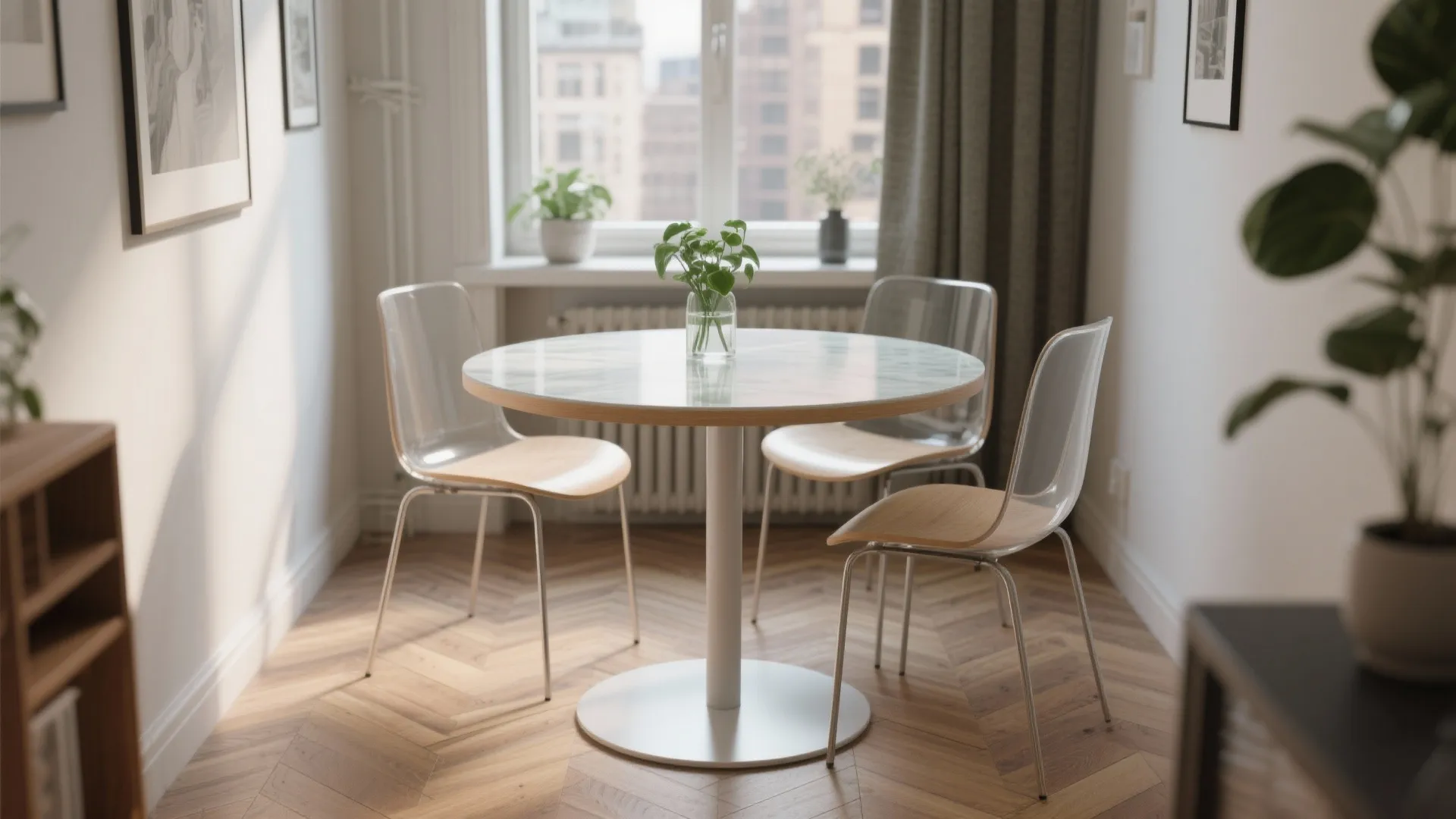 2. Round pedestal table (softens traffic flow)